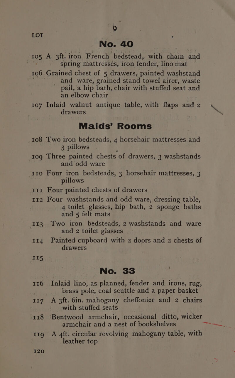 No. 40 105 A 3ft. iron. French ‘bedstead, with chain and eae spring mattresses, iron fender, lino mat | 106 Grained chest of 5 drawers, painted washstand _ and ware, grained stand towel airer, waste _ pail, a hip bath, chair with stuffed seat and an elbow chair 107 Inlaid walnut antique table, with flaps qa 2 drawers LOT Maids’ Rooms 108 BE wo iron bedsteads, 4 horsehair mattresses and 3 pillows 109 Three painted chests of drawers, 3 washstands and odd ware 110 Four iron bedsteads, 3 horsehair mattresses, 3 pillows 111 Four painted chests of drawers 112 Four washstands and odd ware, dressing table, 4 toilet glasses, hip bath, 2 sponge baths and 5 felt mats 113. Two iron bedsteads, 2 washstands and ware | and 2 toilet glasses 114 Painted cupboard with 2 doors and 2 chests of drawers 115 No. 33 116 Inlaid lino, as planned, fender and irons, rug, brass pole, coal scuttle and a paper basket 117 A 3ft. 6in. mahogany cheffonier and 2 chairs ) with stuffed seats 118 Bentwood armchair, occasional ditto, wicker armchair and a nest of bookshelves 11g A 4ft. circular revolving mahogany table, with leather top I20