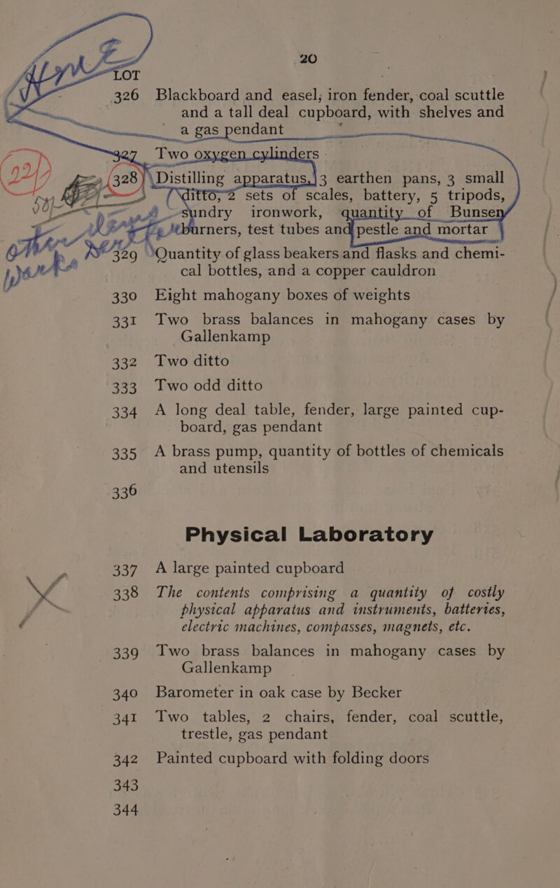 334 Rs fe) 334 335 336 337 338 340 341 342 343 344 Blackboard and easel; iron fender, coal scuttle and a tall deal cupboard, with shelves and _&amp; gas pitta: sets of scales, battery, 5 tripods, ironwork, Quantity of glass beakers and flasks and chemi- | cal bottles, and a copper cauldron Eight mahogany boxes of weights Two brass balances in mahogany cases by Gallenkamp Two ditto Two odd ditto A long deal table, fender, large painted cup- board, gas pendant A brass pump, quantity of bottles of chemicals and utensils Physical Laboratory A large painted cupboard The contents comprising a quantity of costly physical apparatus and instruments, battertes, electric machines, compasses, magnets, etc. Two brass balances in mahogany cases by Gallenkamp Barometer in oak case by Becker Two tables, 2 chairs, fender, coal scuttle, trestle, gas pendant Painted cupboard with folding doors