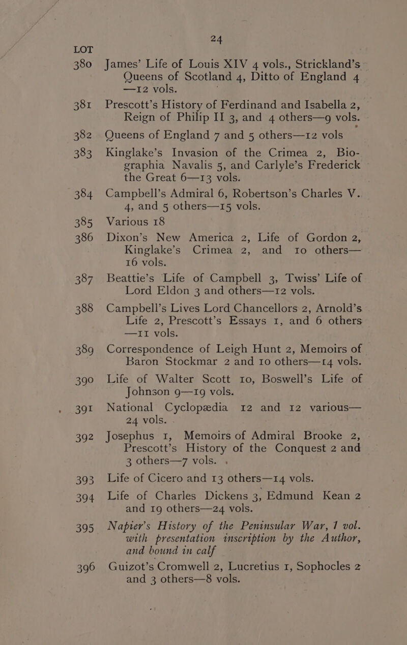 380 381 382 383 384 385 386 387 388 389 390 391 392 393 394 395 396 24 James’ Life of Louis XIV 4 vols., Strickland’s Queens of Scotland 4, Ditto of England 4 —1z2 vols. 7 Prescott’s History of Ferdinand and Isabella 2, Reign of Philip II 3, and 4 others—g vols. Queens of England 7 and 5 others—rz vols Kinglake’s Invasion of the Crimea 2, Bio- graphia Navalis 5, and Carlyle’s Frederick » the Great 6—13 vols. Campbell’s Admiral 6, Robertson’s Charles V.. 4, and 5 others—15 vols. Various 18 Dixon’s New America 2, Life of Gordon 2, Kinglake’s Crimea 2, and Io others— 16 vols. Beattie’s Life of Campbell 3, Twiss’ Life of Lord Eldon 3 and others—r12 vols. Campbell’s Lives Lord Chancellors 2, Arnold’s Life 2, Prescott’s Essays 1, and 6 others —II vols. Correspondence of Leigh Hunt 2, Memoirs of Baron Stockmar 2 and 10 others—r4 vols. Life of Walter Scott 10, Boswell’s Life of Johnson 9—Ig vols. National Cyclopedia 12 and 12 various— 24 vols. . Josephus 1, Memoirs of Admiral Brooke 2, Prescott’s History of the Conquest 2 and 3 others—7 vols. . Life of Cicero and 13 others—r14 vols. Life of Charles Dickens 3, Edmund Kean 2 and 19 others—24 vols. Napier’s History of the Peninsular War, 7 vol. with presentation inscription by the Author, and bound in calf Guizot’s Cromwell 2, Lucretius 1, Sophocles 2 and 3 others—8 vols.