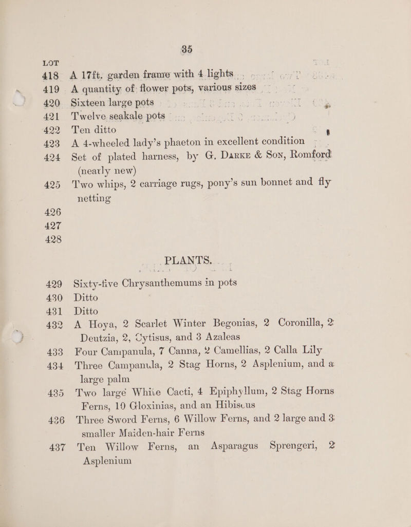 85 A quantity of: flower pots, various s1Zes ae Twelve, seakale pots © -. oo 40 0 sre 0 Ten ditto | | 3 A 4-wheeled lady’s phaeton in excellent condition Set of plated harness, by G. Darxe &amp; Soy, Romford (nearly new) Two whips, 2 carriage rugs, pony’s sun bonnet and fly netting PLAN TS. | Sixty-live a a eae in Peis Ditto Ditto A Hoya, 2 Scarlet Winter Begonias, 2 Coronilla, 2 Deutzia, 2, Cytisus, and 3 Azaleas Four Campanula, 7 Canna, 2 Camellias, 2 Calla Lily Three Campanula, 2 Stag Horns, 2 Asplenium, and a large palm Two largé White Cacti, 4 Epiphy!llum, 2 Stag Horns Ferns, 10 Gloxinias, and an Hibiscus Three Sword Ferns, 6 Willow Ferns, and 2 large and 3 smaller Maiden-hair Ferns Ten Willow Ferns, an Asparagus Sprengeri, 2 Asplenium