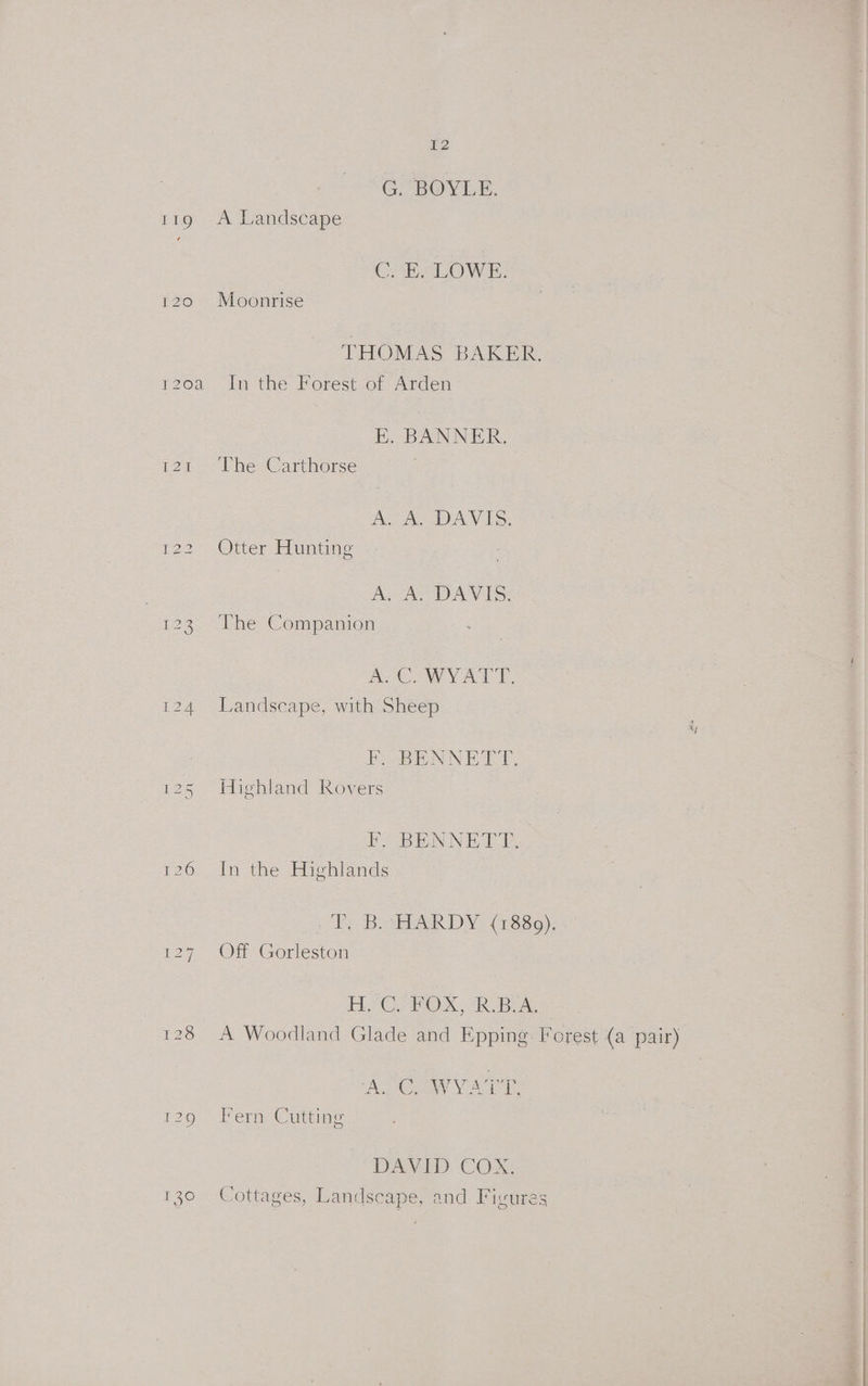 G. BOYLE. 119 A Landscape Ce LOW 120 Moonrise THOMAS BAKER. 120a In the Forest of Arden E. BANNER. pan? These Carthorse A Ae DAY Le. 122 Otter Hunting ee ed OA bs 123. The Companion eee a VA 124 Landscape, with Sheep EO BENNETT, 125 Highland Rovers EF. BENNETT. 126 In the Highlands Te Bit AR DY: 4880); 127° Of ‘Gorleston FLAG ABIX AR Bake 128 A Woodland Glade and Epping Forest (a pair) PoC a Acide i29 ° Pern Cutune DAVID COX. r30 Cottages, Landscape, and Ficures
