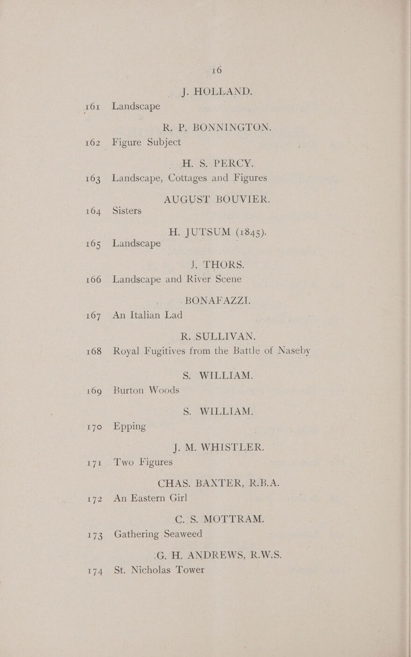 ef Os 166 167 168 170 Tae T72 173 16 |]. HOLLAND: Landscape Re Py BONNINGI ON. Figure Subject Viger PERG 4 Landscape, Cottages and Figures AUGUST BOUVIER. Sisters H. JUTSUM (1845). Landscape J. THORS. Landscape and River Scene iene -_BONAFAZZI. An Dalian iad R. SULLIVAN. Royal Fugitives from the Battle of Naseby S. WILLIAM. Burton Woods ; S: WILLIAM. Epping ale M. WHISTLER. Two Figures CHAS. BAXTER, «RIB.A. An Eastern Girl ‘C..8. MOTTRAM. Gathering Seaweed ‘GH. ANDREWS; ROWS. St. Nicholas Tower