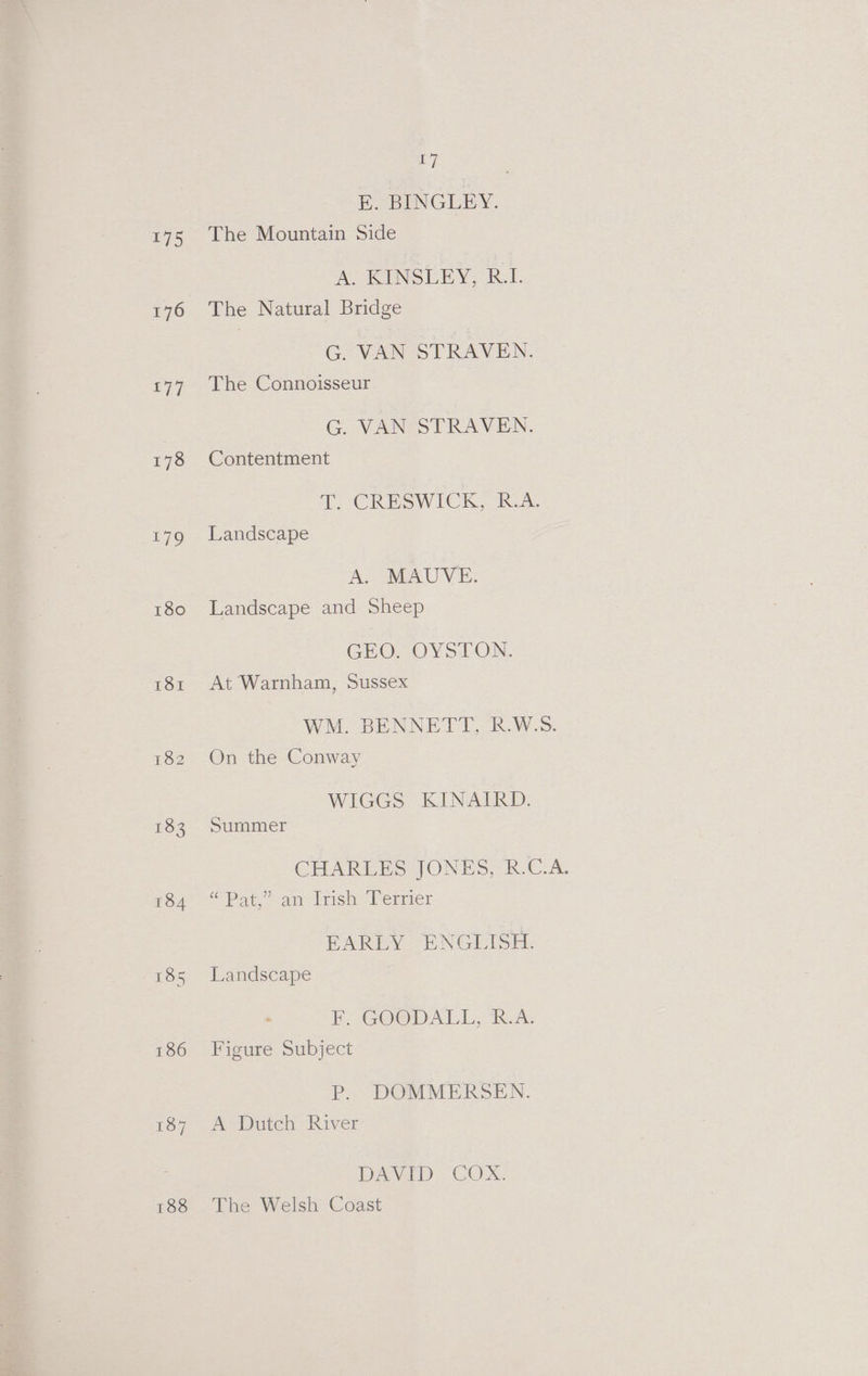 175 180 181 182 183 184 188 i] E. BINGLEY. The Mountain Side A. KINSLEY, RI. The Natural Bridge GeVAN STRAVEN. The Connoisseur G. VAN STRAVEN. Contentment TT CRESWICK,.“RoA. Landscape A. MAUVE. Landscape and Sheep GEO. OYSTON. At Warnham, Sussex WM. BENNETT, R.W.S. On the Conway WIGGS KINAIRD. Summer CHARLES JONES R-C.A. Pat = an itish, Werner AE et NGC Or Landscape . Fo .GOO@DALL, R.A: Figure Subject P. DOMMERSEN. A Dutch River DAVED COX. The Welsh Coast