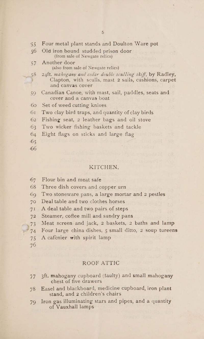 78 79 5 Four metal plant stands and Doulton Ware pot Old iron bound studded prison door > (from sale of Newgate relics) Another door (also from sale of Newgate relics) 24ft. mahogany and cedar double sculling skiff, by Radley, Clapton, with sculls, mast 2 sails, cushions, carpet and canvas cover Canadian Canoe, with mast, sail, paddles, seats and cover and a canvas boat Set of weed cutting knives Two clay bird traps, and quantity of clay birds Two wicker fishing baskets and tackle Eight flags on sticks and large flag KITCHEN. Flour bin and meat safe Three dish covers and copper urn Two stoneware pans, a large mortar and 2 pestles Deal table and two clothes horses A deal table and two pairs of steps Steamer, coffee mill and sundry pans Meat screen. and jack, 2 baskets, 2 baths and lamp Four large china dishes, 5 small ditto, 2 soup tureens A cafenier with spirit lamp ROOF ATTIC 3ft. mahogany cupboard (faulty) and small mahogany chest of five drawers Easel and blackboard, medicine cupboard, iron plant stand, and 2 children’s chairs Iron gas illuminating stars and pipes, and a quantity of Vauxhall lamps