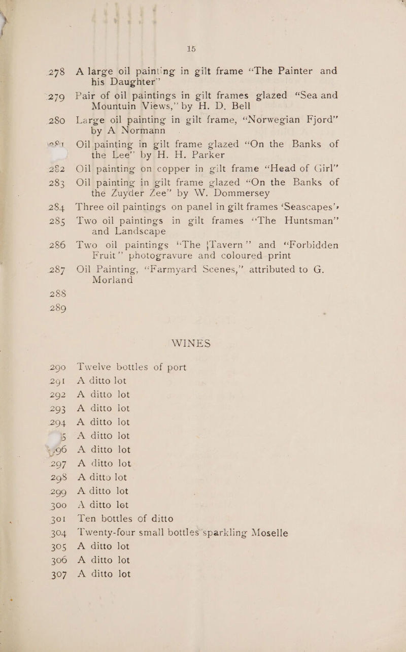 A large oil painting in gilt frame ‘“‘The Painter and his Daughter” Pair of oil paintings in gilt frames glazed “Sea and Mountuin Views,’ by H. D. Bell Large oil painting in gilt frame, “Norwegian Fjord” by A Normann Oil painting in gilt frame glazed “On the Banks of the Wee’ by,H. H.. Parker Oil painting on copper in gilt frame “Head of Girl’ Oil painting in gilt frame glazed “On the Banks of the Zuyder Zee” by W. Dommersey Three oil paintings on panel in gilt frames ‘Seascapes’» Two oil paintings in gilt frames “‘The Huntsman” and Landscape Two oil paintings ‘The {lavern’”’ and ‘Forbidden Fruit’? photogravure and coloured print Oil Painting, “Farmyard Scenes,” attributed to G. Morland WINES Twelve bottles of port A ditto lot A ditto lot A ditto lot A ditto lot A ditto lot A ditto lot A ditto lot A ditto lot A ditto lot A ditto lot Ten bottles of ditto Twenty-four small bottles sparkling Moselle A ditto lot A ditto lot A ditto lot