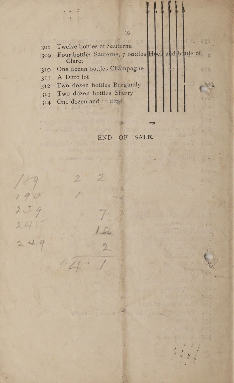 308 309 210 aii 313 314 16 Twelve bottles of &amp; ne Sh oe Four bottles Sauterne, 7 bottles fH@ck a djb ttle: of. Claret One dozen bottles Ciimpagne A Ditto lot Two dozen bottles Burgundy ras Two dozen bottles Sherry One dozen and 11 ditté END @F ‘SALE.