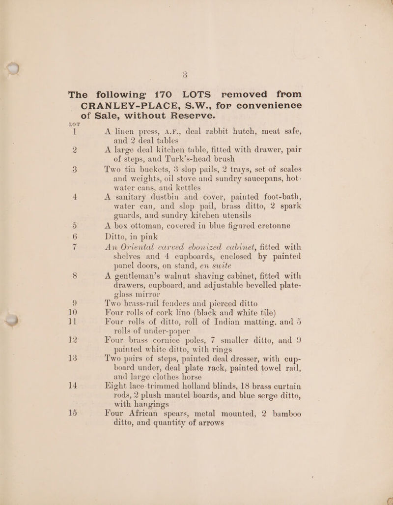 ae 9 ; &amp; The following 170 LOTS removed from CRANLEY-PLACE, S.W., for convenience of Sale, without Reserve. LOT 1 A linen press, A.F., deal rabbit hutch, meat safe, and 2 deal tables 2 A large deal kitchen table, fitted with drawer, pair of steps, and Turk’s-head brush 3 Two tin buckets, 3 slop pails, 2 trays, set of scales and weights, oil stove and sundry saucepans, hot- water cans, and kettles 4 A sanitary dustbin and cover, painted foot-bath, water can, and slop pail, brass ditto, 2 spark guards, and sundry kitchen utensils i) A box ottoman, covered in blue figured cretonne Ditto, in pink An Oriental curved ebonized cabinet, fitted with shelves and 4 cupboards, enclosed by painted panel doors, on stand, en swite 8 A gentleman’s walnut shaving cabinet, fitted with drawers, cupboard, and adjustable bevelled plate- glass mirror wee y) Two brass-rail fenders and pierced ditto 10 Four rolls of cork lino (black and white tile) A ll Four rolls of ditto, roll of Indian matting, and 5 rolls of under-paper 12 Four brass cornice poles, 7 smaller ditto, and 9 painted white ditto, with rings 13 Two pairs of steps, p: ainted deal dresser, with cup- board under, deal plate rack, painted towel rail, and large Auihes horse 14 Hight lees tr immed holland blinds, 18 brass curtain rods, 2 plush mantel boards, and blue serge ditto, with han gings 15 ~+Four African spears, metal mounted, 2 bamboo ditto, and quantity of arrows