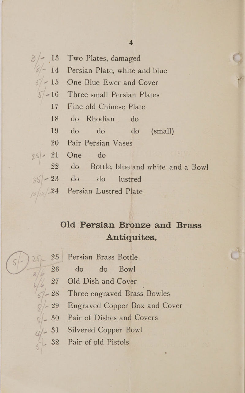 20 i+ 2 24 4 Two Plates, damaged Persian Plate, white and blue One Blue Ewer and Cover Three small Persian Plates Fine old Chinese Plate do Rhodian do do do do (small) Pair Persian Vases One do do Bottle, blue and white and a Bowl do do lustred Persian Lustred Plate Antiquites. Persian Brass Bottle — do do Bowl Old Dish and Cover Three engraved Brass Bowles Engraved Copper Box and Cover Pair of Dishes and Covers Silvered Copper Bowl Pair of old Pistols