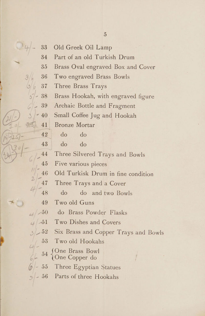 33 Old Greek Oil Lamp 384 Part of an old Turkish Drum 35 Brass Oval engraved Box and Cover 3, 86 Two engraved Brass Bowls 2 87 Three Brass Trays 4, - 38 Brass Hookah, with engraved figure _» 89 Archaic Bottle and Fragment - 40 Small Coffee Jug and Hookah 41 Bronze Mortar oo do do 43 do do 44 Three Silvered Trays and Bowls 45 Five various pieces /, 46 Old Turkisk Drum in fine condition Ty AT Three Trays and a Cover “48 do do and two Bowls 49 Two old Guns ,/700 do Brass Powder Flasks 4/61 Two Dishes and Covers 3/52 Six Brass and Copper Trays and Bowls 53 [wo old Hookahs I 5A One Brass Bowl 6/- One Copper do @/- 55 Three Egyptian Statues » +» 56 Parts of three Hookahs