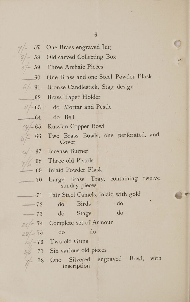 One Brass engraved Jug Old carved Collecting Box Three Archaic Pieces One Brass and one Steel Powder Flask Bronze Candlestick, Stag design Brass Taper Holder do Mortar and Pestle do Bell Russian Copper Bowl Two Brass Bowls, one perforated, and Cover Incense Burner Three old Pistols Inlaid Powder Flask Large Brass Tray, containing twelve sundry pieces Pair Steel Camels, inlaid with gold do _ Birds do do Stags do Complete set of Armour do do Two old Guns Six various old pieces One Silvered inscription engraved Bowl, with