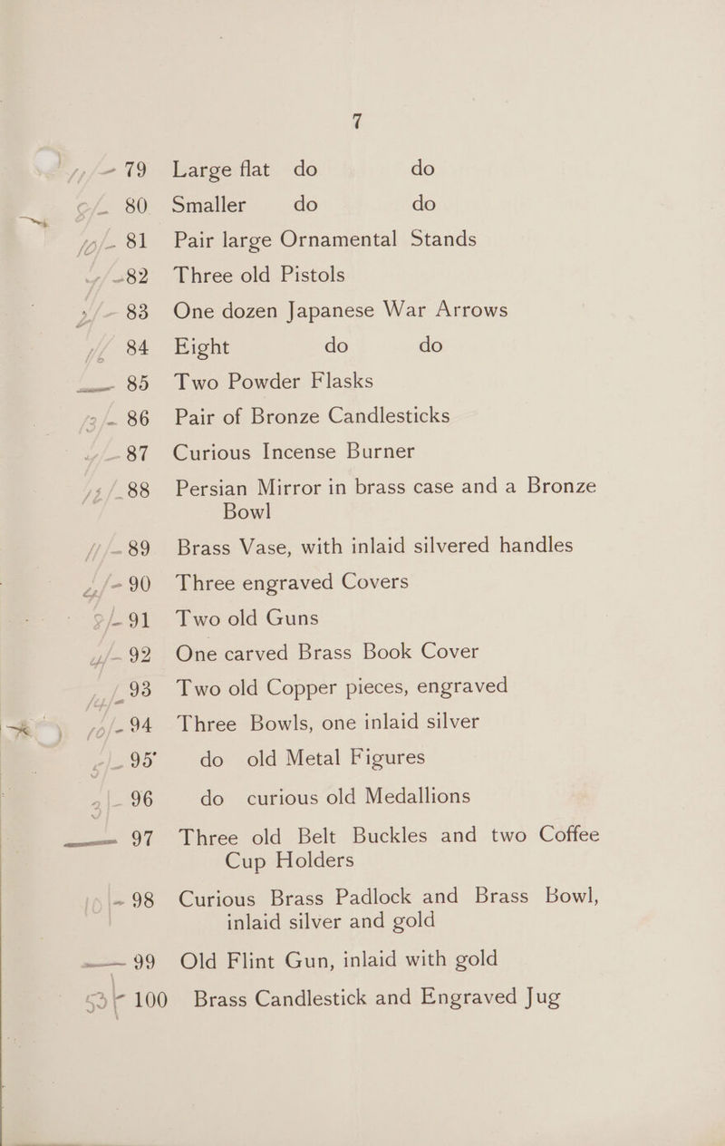 ——— 99 Large flat do do Smaller do do One dozen Japanese War Arrows Eight do do Two Powder Flasks Curious Incense Burner Persian Mirror in brass case and a Bronze Bowl Brass Vase, with inlaid silvered handles Three engraved Covers Two old Guns One carved Brass Book Cover Two old Copper pieces, engraved Three Bowls, one inlaid silver do old Metal Figures do curious old Medallions Three old Belt Buckles and two Coffee Cup Holders Curious Brass Padlock and Brass Bowl, inlaid silver and gold Old Flint Gun, inlaid with gold