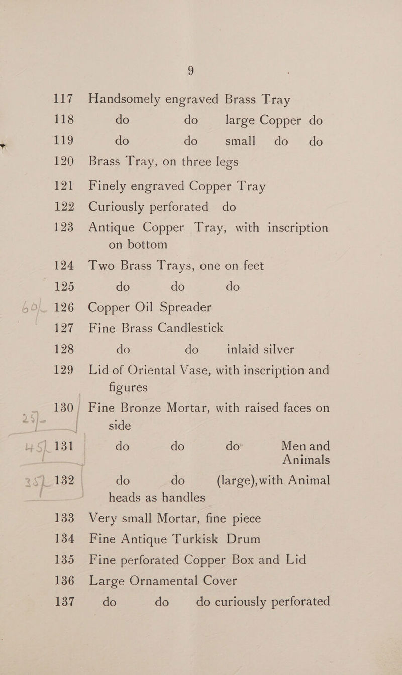 118 Er? 120 121 122 123 124 125 126 127 128 129 133 134 135 136 137 y do do large Copper do do do stall do * do Brass Tray, on three legs Finely engraved Copper Tray Curiously perforated do Antique Copper Tray, with inscription on bottom Two Brass Trays, one on feet do do do Copper Oil Spreader Fine Brass Candlestick do do inlaid silver Lid of Oriental Vase, with inscription and figures side do do do’ Men and Animals do do (large), with Animal _ heads as handles Very small Mortar, fine piece Fine Antique Turkisk Drum Fine perforated Copper Box and Lid Large Ornamental Cover do do do curiously perforated