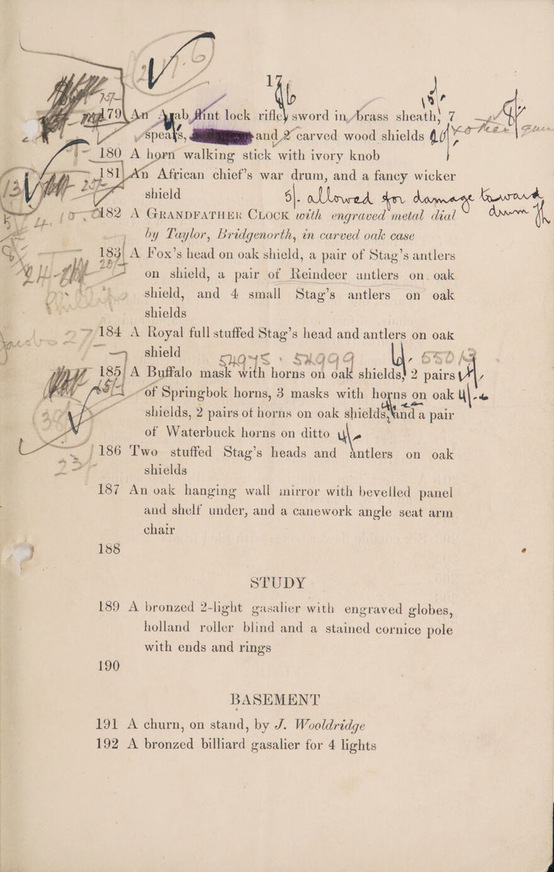 “~ , 1 a! ab int lock rifle ee have Aes sheath, Speaks ‘ , Mla 3 2 XX carved wood shields =|- _180 A horn walking stick with ivory knob Sloe 181 n African chief’s war drum, and a fancy wicker ae , ., by Taylor, Bridgenorth, in carved oak case %, z see 183] A Fox’s head on oak shield, a pair of Stag’s antlers hg 287 2H hae -~ on shield, a pair of Reindeer antlers on. oak » shield, and 4 small Stag’s antlers on oak mo shields eee _ §. 97 184 A Royal full stuffed Stag’s head and antlers on oak i a Shield 48 oye 71 19 , ea nm 185) A Buffalo mask with horns on oak shields! 2 Teal y ae “ot Springbok horns, 3 masks with es on oak we ~ shields, 2 pairs of horns on oak shields,‘and a pair of Waterbuck horns on ditto u\- “1186 Two stuffed Stag’s heads and antlers on oak b Fx > shields — 187 An oak hanging wall mirror with bevelled panel and shelf under, and a canework angle seat arm chair 3 188 STUDY 189 A bronzed 2-light gasalier mith engraved globes, holland roller blind and a stained cornice pole with ends and rings 190 BASEMENT 191 A churn, on stand, by J. Wooldridge