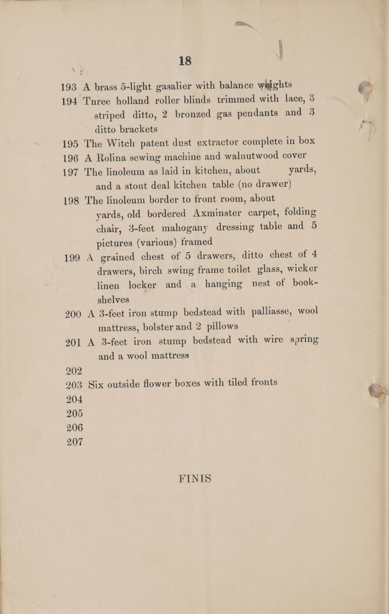 194 195 196 197 198 199 18 Turee holland roller blinds trimmed with lace, 3 striped ditto, 2 bronzed gas pendants and 3 ditto brackets The Witch patent dust extractor complete in box A Rolina sewing machine and walnutwood cover The linoleum as laid in kitchen, about yards, and a stout deal kitchen table (no drawer) The linoleum border to front room, about yards, old bordered Axminster carpet, folding chair, 3-feet mahogany dressing table and 95 pictures (various) framed A grained chest of 5 drawers, ditto chest of 4 drawers, birch swing frame toilet glass, wicker linen locker and a hanging nest of book- shelves A 3-feet iron stump bedstead with palliasse, wool mattress, bolster and 2 pillows : A 3-feet iron stump bedstead with wire spring and a wool mattress Six outside flower boxes with tiled fronts FINIS