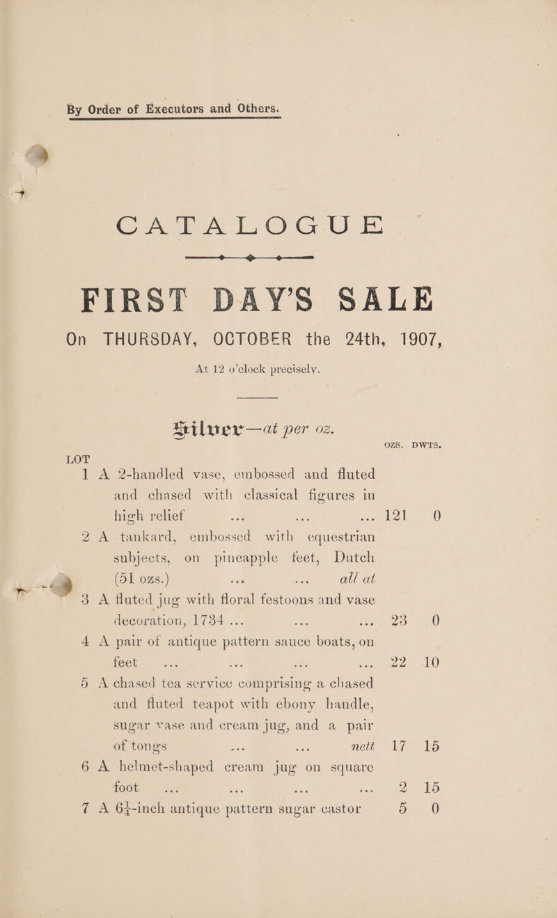 By Order of Executors and Others. CATALOGUE. 9 FIRST DAYS SALE On THURSDAY, OCTOBER the 24th, 1907, At 12 o’clock precisely. Wilwer—at per oz. re OZS. DWTS. LOT 1 A 2-handled vase, embossed and fluted and chased with classical figures in high rehef a ae ee) eon 8) 2 A tankard, embossed with equestrian subjects, on pineapple feet, Dutch | 3 (51 ozs.) aes ze all at a oie . 3 A fluted jug with floral festoons and vase decoration, 1734 ... he Sp ae arn 4 A pair of antique pattern sauce boats, on feet... Te sits Secouw 2 kG) 5 A chased tea service comprising a chased and fluted teapot with ebony handle, sugar vase and cream jug, and a pair of tongs a oe! nett ki 15 6 A helmet-shaped cream jug on square