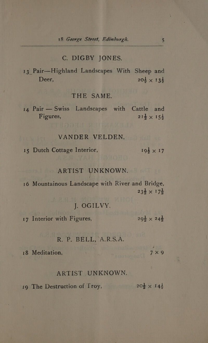 C. DIGBY JONES. 13 Pair—Highland Landscapes With Sheep and Deer, 204 x 134 THE SAME. 14 Pair — Swiss Landscapes with Cattle and Figures, 214 x 154 VANDER VELDEN. 15 Dutch Cottage Interior, 19 x 17 ARTIST UNKNOWN. 16 Mountainous Landscape with River and Bridge, 233 x 172 J. OGILVY. 17 Interior with Figures, 29% x 244 Roe ious ALK. A, 18 Meditation, 7 x 9 ARTIST UNKNOWN, 19 The Destruction of Troy, 204 x 144