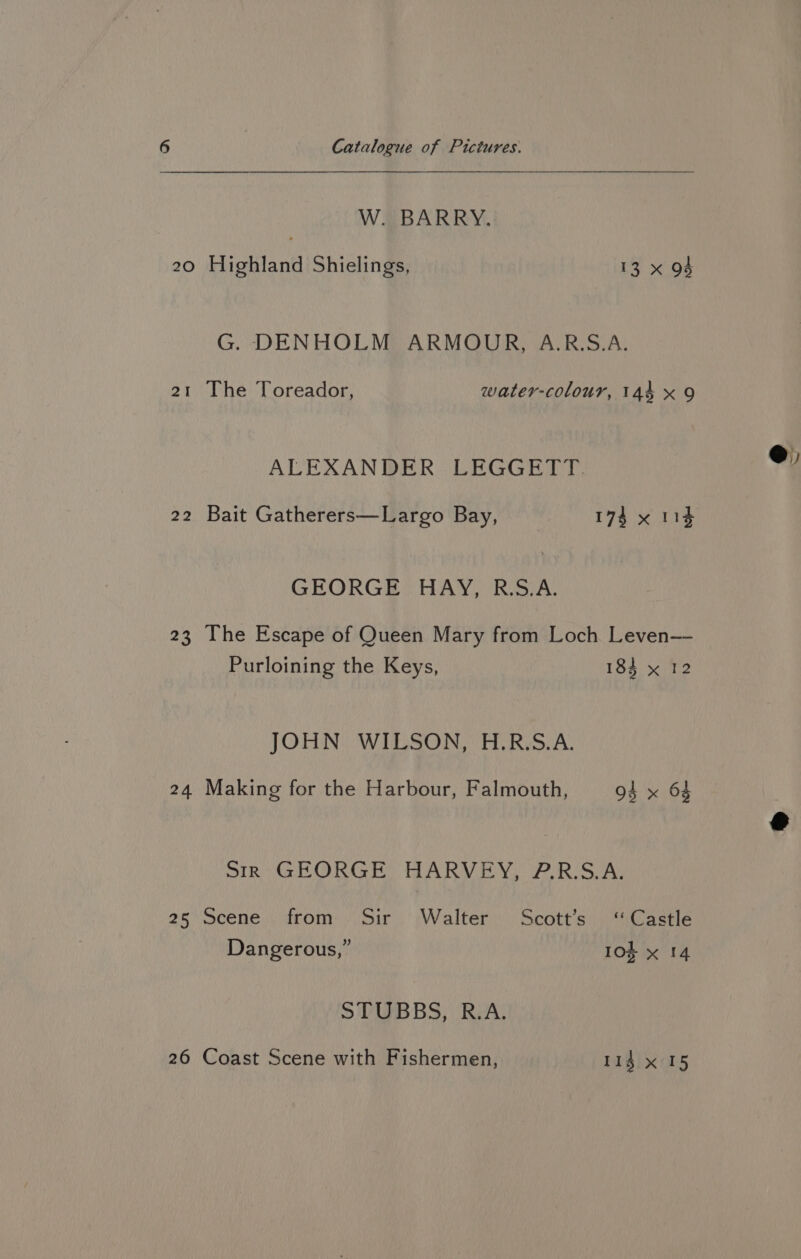 W. BARRY. 20 Highland Shielings, 13 x 98 G. DENHOLM ARMOUR, A.R.S.A. 21 The Toreador, water-colour, 144 x 9 ALEXANDER LEGGETT. 22 Bait Gatherers—Largo Bay, 174 x 114 GEORGE HAY, R.S.A. 23 The Escape of Queen Mary from Loch Leven— Purloining the Keys, 184 x 12 JOHN WILSON, H.R.S.A. 24 Making for the Harbour, Falmouth, 94 x 64 Sir GEORGE HARVEY, P.R.S.A. 25 Scene. from ..Sir. Walter Scott’s ‘Castle Dangerous,” lox x 14 STUBBS, R.A.