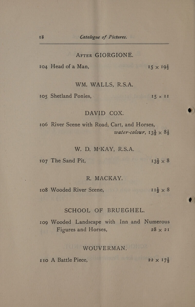 AFTER GIORGIONE. 104 Head of a Man, 15 x 194 WM. WALLS, R.S.A. 105 Shetland Ponies, 15 x II DAVID COX. 106 River Scene with Road; Cart, and Horses, water-colour, 13% x 84 | W...D. WRKAY, vRSDA. 107 The Sand Pit, 133 x 8 R. MACKAY. 108 Wooded River Scene, 114 x 8 SCHOOL OF BRUEGHEL. 109 Wooded Landscape with Inn and Numerous Figures and Horses, 28 x 21 WOUVERMAN. 110 A Battle Piece, 22x 174