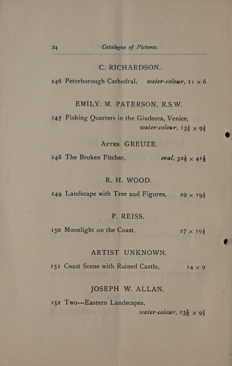 C. RICHARDSON. 146 Peterborough Cathedral, water-colour, 11 x 6 EMILY. M. PATERSON, R.S.W. 147 Fishing Quarters in the Giudecca, Venice, water-colour, 134 x 94 AFTER GREUZE. 148 The Broken Pitcher, oval, 324 x 414 R. H. WOOD. 149 Landscape with Tree and Figures, 29 x 193 ls 1h Ropes 150 Moonlight on the Coast, 27 x 194 ARTIST UNKNOWN. 151 Coast Scene with Ruined Castle, 14 x 9 JOSEPH W. ALLAN. 152 T'wo—Eastern Landscapes, water-colour, 13% x 94