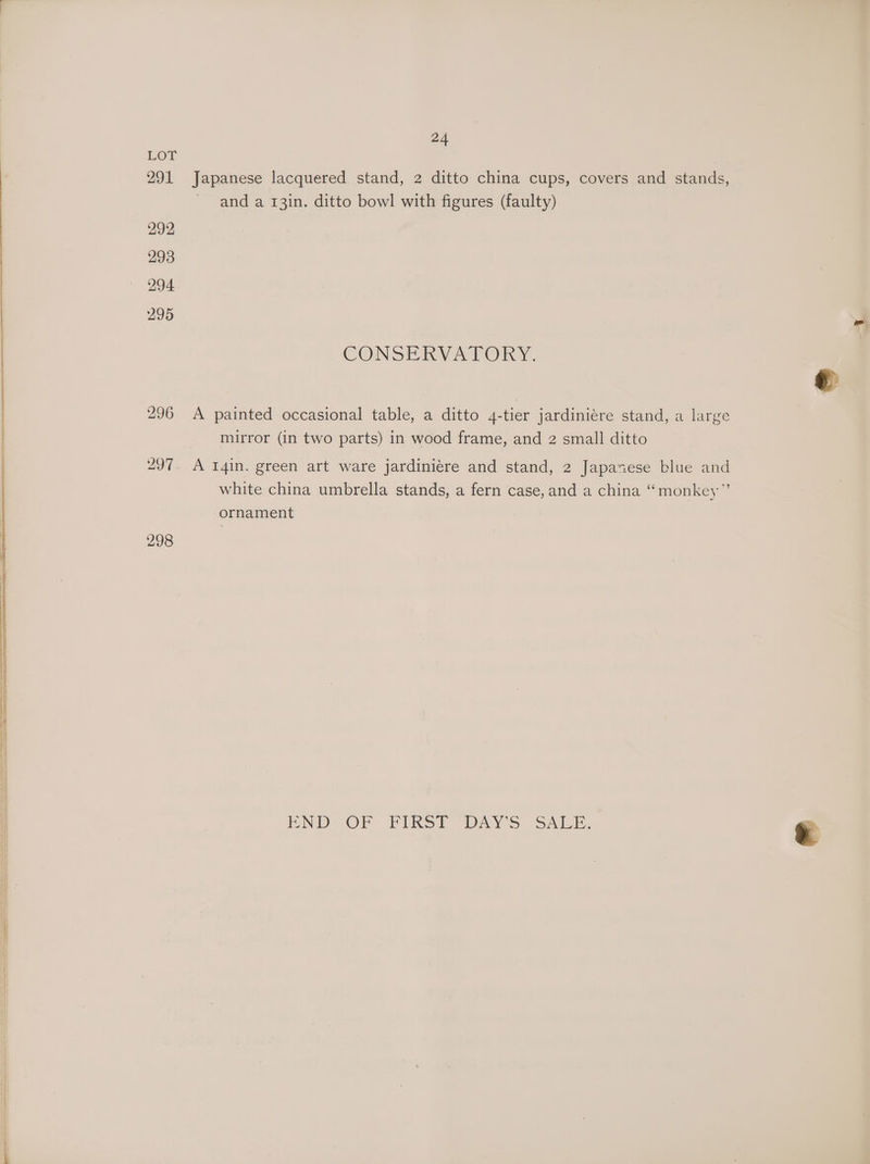 291 298 24 Japanese lacquered stand, 2 ditto china cups, covers and stands, ~ anda 13in. ditto bowl with figures (faulty) CONSERY ATOR Y. A painted occasional table, a ditto 4-tier jardiniére stand, a large mirror (in two parts) in wood frame, and 2 small ditto A I4in. green art ware jardiniére and stand, 2 Japazese blue and white china umbrella stands, a fern case, and a china “monkey” ornament END, OF FIKS? DAY'S SALI,