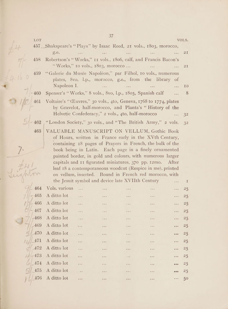 458 459 460 461 462 463 472 37 ohakspeare’s ‘‘ Plays” by Isaac Reed, 21 vols., 1803, morocco, ge. Robertson’s ‘‘ Works,” 11 vols., 1806, calf, and Francis Bacon’s “\Wiorks,” 10 vols, 1663, Morocco... ‘‘Galerie du Musée Napoléon,” par Filhol, ro vols., numerous piates, Svo, Ip. morocco, ge, trom. the library of Napoleon I. Spenser’s “ Works,” 8 vols., 8vo, l.p., 1805, Spanish calf Voltaire’s ‘“‘Ciuvres,” 30 vols., 4to, Geneva, 1768 to 1774, plates by Gravelot, half-morocco, and Planta’s ‘‘ History of the Helvetic Confederacy,” 2 vols., 4to, half-morocco “London Society,” 30 vols., and “The British Army,” 2 vols. | j | VALUABLE MANUSCRIPT ON VELLUM, Gothic Book of Hours, written in France early in the XVth Century, book being in Latin. Each page in a finely ornamented painted border, in gold and colours, with numerous larger capitals and 11 figurated miniatures, 370 pp. 12mo. After leaf 18 a contemporaneous woodcut (Respice in me), printed on vellum, inserted. Bound in French red morocco, with the Jesuit symbol and device late XVIIth Century Vols. various A ditto lot A ditto lot A ditto lot A ditto lot A ditto lot A ditto lot A ditto lot A ditto lot A ditto lot A ditto lot — ae a ue ale A ditto lot a het so bi cee A ditto lot 20 ZAM. IO 32 32