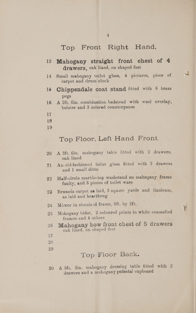 13 14 30 + Top Front Right Hand. Mahogany straight front chest of 4 drawers, oak lined, on shaped feet Small mahogany toilet glass, 4 pictures, piece of carpet and drum clock Chippendale coat stand fitted with 6 brass pegs A 2ft. Gin. combination bedstead with wool overlay, bolster and 3. colored counterpanes Top Floor, Left Hand Front. A 3ft. 6in. mahogany table fitted with 2 drawers, oak lined An old-fashioned toilet glass fitted with 2 drawers and 1 small ditto Half-circle marble-top washstand on mahogany frame faulty, and 5 pieces of toilet ware Brussels carpet as laid, 3 square yards and linoleum, as laid and hearthrug Mirror in ebonized frame, 5ft. by 2ft. Mahogany bidet, 2 coloured prints in white enamelled frames and 4 others Mahogany bow front chest of 5 drawers oak lined, on shaped feet Top Floor Back. A 3ft. 3in. mahogany dressing table fitted with 2 drawers and a mahogany pedestal cupboard