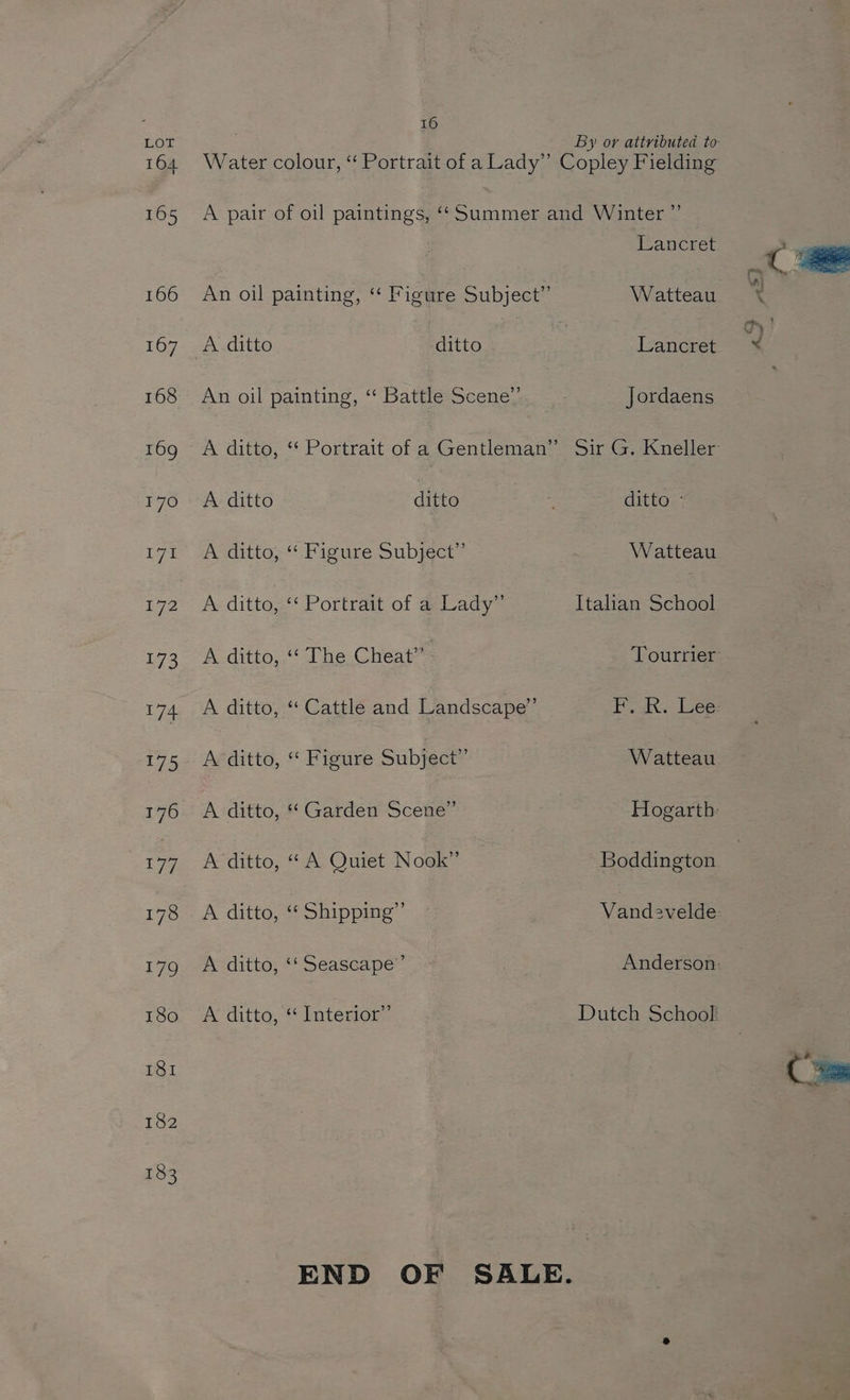 164 165 166 167 168 169g 170 17h 172 173 174 Lis 176 177 178 179 180 181 182 183 16 Water colour, “ Portrait of a Lady” Copley Fielding A pair of oil paintings, ‘Summer and Winter ” Lancret An oil painting, “ Figure Subject” Watteau A ditto ditto Lancret An oil painting, ‘“ Battle Scene’ Jordaens A ditto ditto ditto ° Avditio,*‘ Figure subject” Watteau A ditto, ‘‘ Portrait of a Lady” Italian School A ditto, ‘‘ The Cheat” Tourrier’ A ditto, “ Cattle and Landscape” FAR. Leg A ditto, “‘ Figure Subject” Watteau A ditto, “ Garden Scene” Hogarth: A ditto, “ A Quiet Nook” Boddington. : A ditto, ‘‘ Shipping”’ Vand2velde A ditto, ‘‘ Seascape’ Anderson: A ditto, “ Interior” Dutch School END OF SALE.
