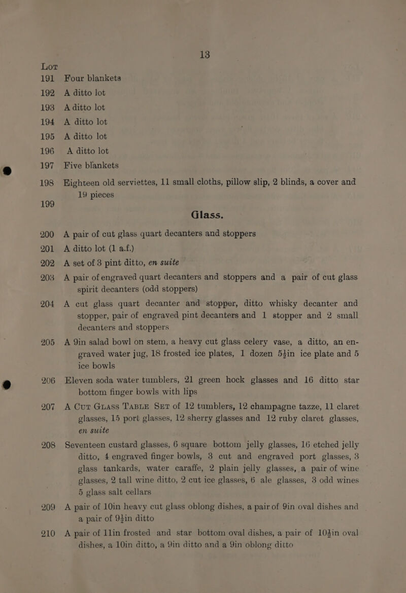 191 192 193 194 195 196 197 198 199 200 201 202 203 204 205 206 207 208 209 210 13 Four blankets A ditto lot A ditto lot A ditto lot A ditto lot A ditto lot Five blankets Highteen old serviettes, 11 small cloths, pillow slip, 2 blinds, a cover and 19 pieces Glass. A pair of cut glass quart decanters and stoppers A ditto lot (1 a.f.) A set of 3 pint ditto, en swrte A pair of engraved quart decanters and stoppers and a pair of cut glass spirit decanters (odd stoppers) A cut glass quart decanter and stopper, ditto whisky decanter and stopper, pair of engraved pint decanters and 1 stopper and 2 small decanters and stoppers A 9in salad bowl on stem, a heavy cut glass celery vase, a ditto, an en- graved water jug, 18 frosted ice plates, 1 dozen 54in ice plate and 5 ice bowls Eleven soda water tumblers, 21 green hock glasses and 16 ditto star bottom finger bowls with lips A Cut Guass TABLE SET of 12 tumblers, 12 champagne tazze, 11 claret glasses, 15 port glasses, 12 sherry glasses and 12 ruby claret glasses, en surte Seventeen custard glasses, 6 square bottom jelly glasses, 16 etched jelly ditto, 4 engraved finger bowls, 3 cut and engraved port glasses, 3 glass tankards, water caraffe, 2 plain jelly glasses, a pair of wine glasses, 2 tall wine ditto, 2 cut ice glasses, 6 ale glasses, 3 odd wines 5 glass salt cellars A pair of 10in heavy cut glass oblong dishes, a pair of 9in oval dishes and a pair of 93in ditto A pair of Llin frosted and star bottom oval dishes, a pair of 104in oval dishes, a 10in ditto, a 9in ditto and a Yin oblong ditto