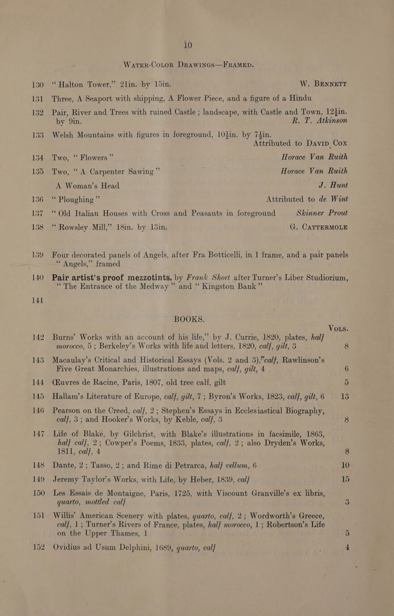 Warer-Cotor DrRawincs—FRAMED. “Halton Tower,’ 2lin. by Lin. W. BENNETT Three, A Seaport with shipping, A Flower Piece, and a figure of a Hindu Pair, River and Trees with ruined Castle ; landscape, with Castle and Town, 12}in. by 9in. R. T. Atkinson Welsh Mountains with figures in foreground, 1Odin. by 74in. Attributed to Davip Cox Two, ‘‘ Flowers” Horace Van Ruith Two, ‘A Carpenter Sawing” Horace Van Ruath A Woman’s Head J. Hunt Ploughing ” Attributed to de Want ‘Old Italian Houses with Cross and Peasants in foreground Skinner Prout ‘““ Rowsley Mill,” 18in. by 15in. G. CATTERMOLE Four decorated panels of Angels, after Fra Botticelli, in 1 frame, and a pair panels ** Angels,” framed Pair artist’s proof mezzotints, by Frank Short after Turner’s Liber Studiorium, “The Entrance of the Medway ” and “ Kingston Bank” BOOKS. VoLs. Burns’ Works with an account of his life,” by J. Currie, 1820, plates, halj morocco, 5 ; Berkeley’s Works with life and letters, 1820, cal/, gilt, 3 8 Macaulay’s Critical and Historical Essays (Vols. 2 and 3),“calf, Rawlinson’s Five Great Monarchies, illustrations and maps, cal/, gilt, 4 6 (iuvres de Racine, Paris, 1807, old tree calf, gilt Ct Hallam’s Literature of Europe, cal/, gilt, 7; Byron’s Works, 1823, calf, gut, 6 1 Si) Pearson on the Creed, cal, 2; Stephen’s Essays in Heclesiastical Biography, calj, 3; and Hooker’s Works, by Keble, calf, 3 8 Life of Blake, by Gilchrist, with Blake’s illustrations in facsimile, 1863, half calf, 2; Cowper’s Poems, 1833, plates, calj, 2; also Dryden’s Works, 1811, calf, 4 8 Dante, 2; Tasso, 2; and Rime di Petrarca, hal} vellum, 6 10 Jeremy Taylor's Works, with Life, by Heber, 1839, cal} 15 Les Essais de Montaigne, Paris, 1725, with Viscount Granville’s ex libris, quarto, mottled calj 5) Willis’ American Scenery with plates, quarto, cal/, 2; Wordworth’s Greece, calj, 1; Turner’s Rivers of France, plates, half morocco, 1 ; Robertson’s Life on the Upper Thames, | Las | Ovidius ad Usum Delphini, 1689, quarto, calf pe
