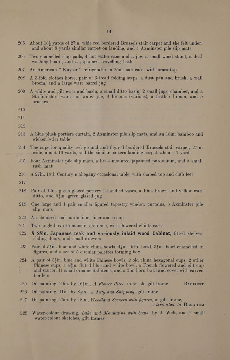 205 206 207 208 14 About 164 yards of 27in. wide red bordered Brussels stair carpet and the felt under, and about 8 yards similar carpet on landing, and 4 Axminster pile slip mats Two enamelled slop pails, 4 hot water cans and a jug, a small wood stand, a deal washing board, and a japanned travelling bath b) An American “‘ Kuyser” refrigerator in 25in. oak case, with brass tap A 3-fold clothes horse, pair of 3-tread folding steps, a dust pan and brush, a wall broom, and a large ware barrel jug A white and gilt ewer and basin, a small ditto basin, 2 small jugs, chamber, and a Staffordshire ware hot water jug, 4 brooms (various), a feather broom, and 5 brushes A blue plush portiere curtain, 2 Axminster pile slip mats, and an 18in. bamboo and wicker 3-tier table The superior quality red ground and figured bordered Brussels stair carpet, 27in. wide, about 16 yards, and the similar pattern landing carpet about 17 yards Four Axminster pile slip mats, a brass-mounted japanned purdonium, and a small rush mat A 27in. 18th Century mahogany occasional table, with shaped top and club feet Pair of 12in. green glazed pottery 2-handled vases, a 10in. brown and yellow ware ditto, and 94in. green glazed jug One large and | pair smaller figured tapestry window curtains, 3 Axminster pile slip mats An ebonised coal purdonium, liner and scoop Two angle box ottomans in cretonne, with flowered chintz cases A 24in. Japanese teak and variously inlaid wood Cabinet, fitted shelves, sliding doors, and small drawers Pair of 53in. blue and white china bowls, 42in. ditto bowl, 34in. bowl enamelled in figures, and a set of 5 circular palettes forming box A pair of 5$in. blue and white Chinese bowls, 2 old china hexagonal cups, 2 other Chinese cups, a 43in. fluted blue and white bowl, a French flowered and gilt cup and saucer, 11 small ornamental items, and a 3in. horn bowl and cover with carved borders Oil painting, 20in. by 164in., A Flower Piece, in an old gilt frame BApriest | Oil painting, llin. by 83in., A Jetty and Shipping, gilt frame Oil painting, 25in. by 18in., Woodland Scenery with figures, in gilt frame, Attrubuted to BERGHEM Water-colour drawing, Lake and Mountains with boats, by J. Welt, and 2 small water-colour sketches, gilt frames