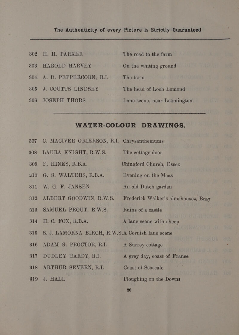 302 303 304 805 306 307 308 309 310 311 312 313 314 315 316 317 318 319 H. H. PARKER HAROLD HARVEY A. D. PEPPERCORN, R.L J. COUTTS LINDSEY JOSEPH THORS The road to the farm On the whiting ground The farm The head of Loch Lomond Lane scene, near Leamington LAURA KNIGHT, B.W.S. F. HINES, B.B.A. G. §. WALTERS, B.B.A. W. G. F. JANSEN ALBERT GOODWIN, R.W.S. SAMUEL PROUT, R.W.S. H. C. FOX, B.B.A. The cottage door Chingford Church, Essex Evening on the Maas An old Dutch garden Frederick Walker’s almshouses, Bray Ruins of a castle A lane scene with sheep ADAM G. PROCTOR, B.1. DUDLEY HARDY, B.I. ARTHUR SEVERN, R.I. J. HALL A Surrey cottage ‘ A grey day, coast of France Coast of Seascale Ploughing on the Downs