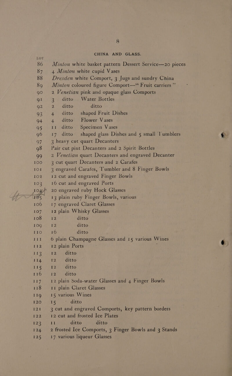 8 CHINA AND GLASS. 4 Minton white cupid Vases Dresden white Comport, 3 Jugs and sundry China Minton coloured figure Comport—‘‘ Fruit carriers ”’ 2 Venetian pink and opaque glass Comports 3 ditto Water Bottles 2 ditto ditto 4 ditto shaped Fruit Dishes 4 ditto Flower Vases 11 ditto Specimen Vases 17 ditto shaped glass. Dishes and 5 small ‘| umblers 3 heavy cut quart Decanters Pair cut pint Decanters and 2 Spirit Bottles 2 Venetian quart Decanters and engraved Decanter 3 cut quart Decanters and 2 Carafes 3 engraved Carafes, Tumbler and 8 Finger Bowls 12 cut and engraved Finger Bowls 16 cut and engraved Ports 20 engraved ruby Hock Glasses 13 plain ruby Finger Bowls, various 17 engraved Claret Glasses 12 plain Whisky Glasses 12 ditto {2 ditto 16 ditto 6 plain Champagne Glasses and 15 various Wines 12 plain Ports 12 + ditto 12 ditto 12 ditto I2 ditto 12 plain Soda-water Glasses and 4 Finger Bowls 11 plain Claret Glasses 15 various Wines 3 cut and engraved Comports, key pattern borders 12 cut and frosted Ice Plates 11 ditto ditto 2 frosted Ice Comports, 3 Finger Bowls and 3 Stands 17 various liqueur Glasses @.