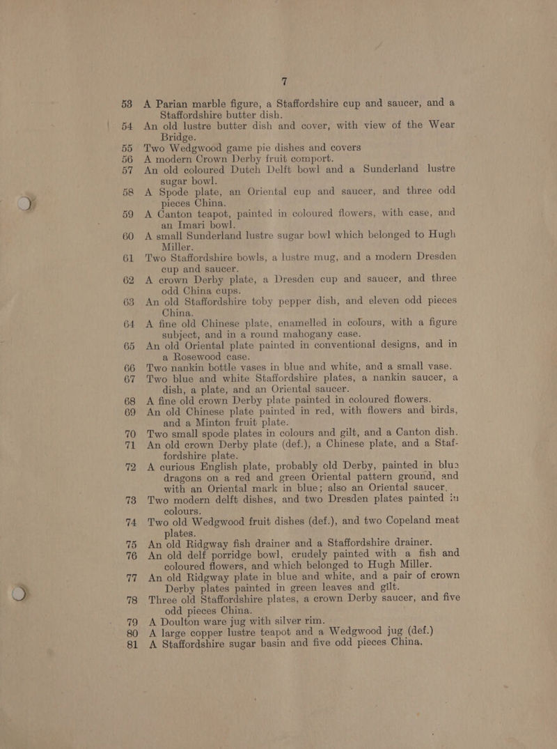 A Parian marble figure, a Staffordshire cup and saucer, and a Staffordshire butter dish. An old lustre butter dish and cover, with view of the Wear Bridge. Two Wedgwood game pie dishes and covers A modern Crown Derby fruit comport. An old coloured Dutch Delft bowl and a Sunderland lustre sugar bowl. A Spode plate, an Oriental cup and saucer, and three odd pieces China. A Canton teapot, painted in coloured flowers, with case, and an Imari bowl. A small Sunderland lustre sugar bowl which belonged to Hugh Miller. Two Staffordshire bowls, a lustre mug, and a modern Dresden cup and saucer. A crown Derby plate, a Dresden cup and saucer, and three odd China cups. An old Staffordshire toby pepper dish, and eleven odd pieces China. A fine old Chinese plate, enamelled in colours, with a figure subject, and in a round mahogany case. An old Oriental plate painted in conventional designs, and in a Rosewood case. Two nankin bottle vases in blue and white, and a small vase. Two blue and white Staffordshire plates, a nankin saucer, a dish, a plate, and an Oriental saucer. A fine old crown Derby plate painted in coloured flowers. An old Chinese plate painted in red, with flowers and birds, and a Minton fruit plate. Two small spode plates in colours and gilt, and a Canton dish. An old crown Derby plate (def.), a Chinese plate, and a Stat- fordshire plate. A curious English plate, probably old Derby, painted in blue dragons on a red and green Oriental pattern ground, and with an Oriental mark in blue; also an Oriental saucer, Two modern delft dishes, and two Dresden plates painted in colours. Two old Wedgwood fruit dishes (def.), and two Copeland meat plates. An old Ridgway fish drainer and a Staffordshire drainer. An old delf porridge bowl, crudely painted with a fish and coloured flowers, and which belonged to Hugh Miller. An old Ridgway plate in blue and white, and a pair of crown Derby plates painted in green leaves and gilt. Three old Staffordshire plates, a crown Derby saucer, and five odd pieces China. A Doulton ware jug with silver rim. A large copper lustre teapot and a Wedgwood jug (def.) A Staffordshire sugar basin and five odd pieces China.