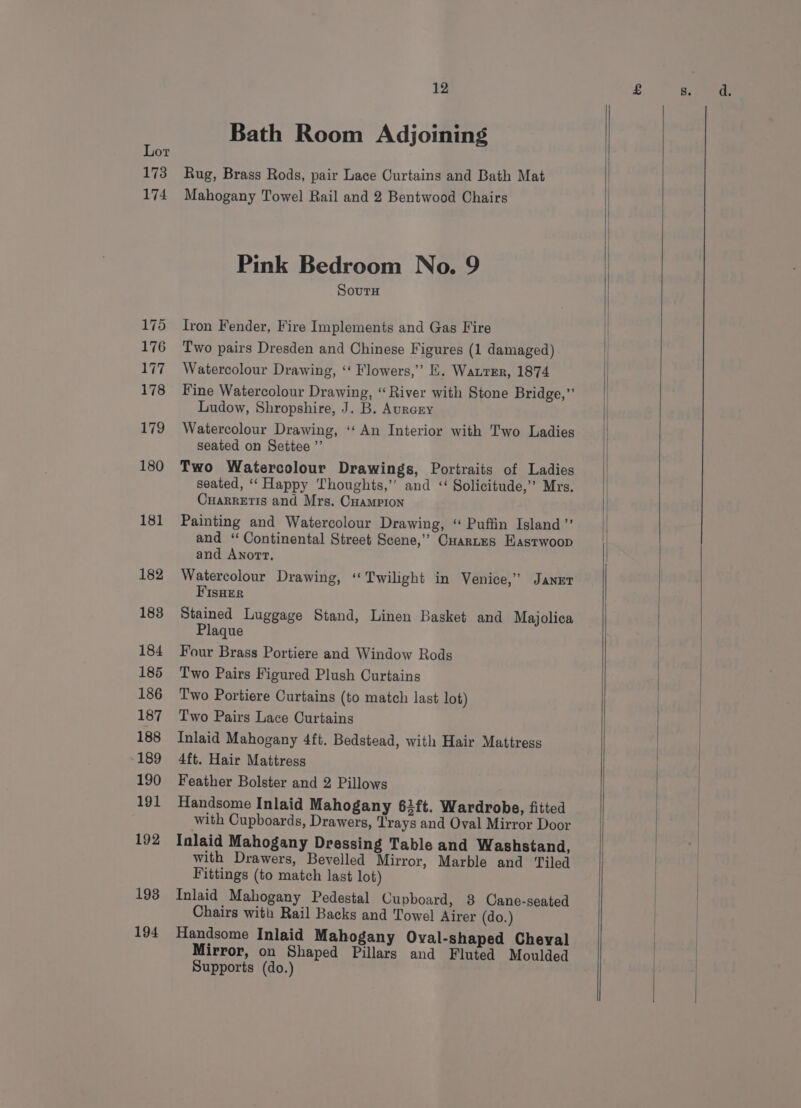 173 174 193 194 12 Bath Room Adjoining Rug, Brass Rods, pair Lace Curtains and Bath Mat Mahogany Towel Rail and 2 Bentwood Chairs Pink Bedroom No. 9 Souru Iron Fender, Fire Implements and Gas Fire Two pairs Dresden and Chinese Figures (1 damaged) Watercolour Drawing, ‘‘ Flowers,’ E. Watrrr, 1874 Fine Watercolour Drawing, “River with Stone Bridge,”’ Ludow, Shropshire, J. B. Aurcry Watercolour Drawing, ‘‘ An Interior with Two Ladies seated on Settee ”’ Two Watercolour Drawings, Portraits of Ladies seated, ‘‘ Happy Thoughts,’’ and ‘ Solicitude,” Mrs. Cuarretis and Mrs. Cuampron Painting and Watercolour Drawing, “ Puffin Island” and ‘“ Continental Street Scene,’ Cuartes Eastwoop and Anort. Watercolour Drawing, “Twilight in Venice,” Janet FisHer Stained Luggage Stand, Linen Basket and Majolica Plaque Four Brass Portiere and Window Rods Two Pairs Figured Plush Curtains Two Portiere Curtains (to match last lot) Two Pairs Lace Curtains Inlaid Mahogany 4ft. Bedstead, with Hair Mattress 4ft. Hair Mattress Feather Bolster and 2 Pillows Handsome Inlaid Mahogany 62ft. Wardrobe, fitted with Cupboards, Drawers, Trays and Oval Mirror Door Inlaid Mahogany Dressing Table and Washstand, with Drawers, Bevelled Mirror, Marble and Tiled Fittings (to match last lot) Inlaid Mahogany Pedestal Cupboard, 8 Cane-seated Chairs with Rail Backs and Towel Airer (do.) Handsome Inlaid Mahogany Oval-shaped Cheval Mirror, on Shaped Pillars and Fluted Moulded Supports (do.)
