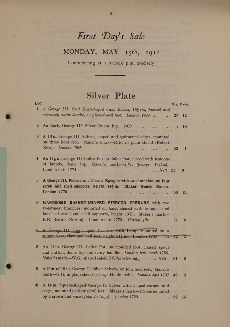 10 First Day's Sale MONDAY, MAY t1sth, ro11 Commencing at 2 o’clock p.m. precisely Silver Plate Ozs. Dwts. A George III. Oval Boat-shaped Cake Basket, 15%in., pierced and engraved, swing handle, on pierced oval foot. London 1788 ... mae iy An Early George III. Silver Cream Jug. 1769 yas rs Pe vat Pea A 13 in. George III. Salver, shaped and gadrooned edges, mounted on three hoof feet. Maker’s mark—R.R. in plain shield (Robert Rew). London 1765 aie oy ae ae a ne Me A ul An 113 in. George III. Coffee Pot on Collet foot, chased with festoons of laurels, dome top. Maker’s mark—G.W. (George Wickes). A George III. Pierced and Chased Epergne with two branches, on four scroll and shell supports, height 143in. Maker—Emick Romer. London 1770 rf pad sm xa a) 4 i= jive 4S HANDSOME BASKET-SHAPED PIERCED EPERGNE with two sweetmeat branches, mounted on base, chased with festoons, and four leaf scroll and shell supports, height 13in. Maker’s mark— E.R. (Emick RoMErR). London date 1773. Partial gilt ... fy ae g p-shaped.. Leaken=with manips’ mounted on a ORICA schiporabdlia idan icc oleic at gaara a An 11in. George III. Coffee Pot, on moulded foot, chased spout and button, dome top and ivory handle. London hall mark 1756. Maker’s mark—W..G., shaped shield (William Grundy) soe Wet) (iv8l 710 A Pair of 10 in. George II. Silver Salvers, on four hoof feet. Maker’s mark—G.H. in plain shield (George Hindmarsh). Londom date 1737 45 0 A 14in. Square-shaped George II. Salver with shaped corners and edges, mounted on four scroll feet. Maker’s mark—I.S. surmounted
