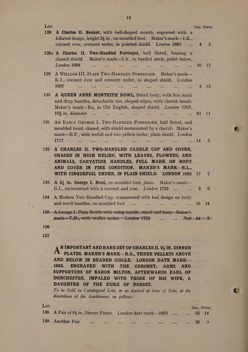 128 A Charles II. Beaker, with bell-shaped mouth, engraved with a foliated design, height 34 in., on moulded foot. Maker’s mark—I.K., coronet over, crescent under, in pointed shield. London 1683 ... 4 bo 128a A Charles Ii. Two-Handled Porringer, half fluted, bearing a chased shield. Maker’s mark—I.A., in beaded circle, pellet below. London 1684 S48 ep Ne AN ihe v2 aay eee Lt Bah 8 129 A WiLtIAM III. PLAain TWo-HANDLED PORRINGER. Maker’s mark— K.I., coronet over and crescent under, in shaped shield. London 1697 ga m4 Nie hha if bab rh ape Need aah. Speke be 130 A QUEEN ANNE MONTEITH BOWL, fluted body, with lion mask and drop handles, detachable rim, shaped edges, with cherub heads. Maker’s mark—Ra, in Old Maes shaped shield. London 1707. 103 in. diameter ... 4 ) a oh ty 3 RN wa 131 AN Earty GEorGE I. Two-HANDLED PORRINGER, half fluted, and moulded band, chased, with shield surmounted by a cherub. Maker’s mark—B.F., with trefoil and two pellets under, plain shield. London 1717 ef yas hie Lays at we pt site ore 132 A CHARLES II. TWO-HANDLED CAUDLE CUP AND COVER, CHASED IN HIGH RELIEF, WITH LEAVES, FLOWERS, AND ANIMALS, CARYATIDE HANDLES, FULL MARK ON BODY AND COVER IN FINE CONDITION. MAKER’S MARK—R.L., WITH CINQUEFOIL UNDER, IN PLAIN SHIELD. LONDON 1663 17 7 i) 133 A 2} in. George I. Bowl, on moulded foot, lain. Maker’s mark— G.I., surmounted with a coronet and rose. London 1725 ... UNG nek CCAS 134 A Modern Two-Handled Cup, ornamented with leaf design on iii and scroll handles, on moulded foot... uxt ts ve own, AO ae 135... A.George 1. Plain Kettle with swing handle, stand and lamp:Maker’s 136 137 N IMPORTANT AND RARE SET OF CHARLES II. 93 IN. DINNER PLATES. MAKER’S MARK—R.G., THREE PELLETS ABOVE AND BELOW IN BEADED CIRCLE. LONDON DATE MARK— 1683. ENGRAVED WITH THE CORONET, ARMS AND SUPPORTERS OF BARON MILTON, AFTERWARDS EARL OF DORCHESTER, IMPALED WITH THOSE OF HIS WIFE, A DAUGHTER OF THE DUKE OF DORSET. To be Sold in Catalogued Lots, or as desived at time of Sale, at the discretion of the Auctioneer, as follows : 138 A Pair of 93 in. Dinner Plates. London date mark—1683_ ... .. 3d 14 139 Another Pair £s6 dia kgs da 4 bed be cere, 0S