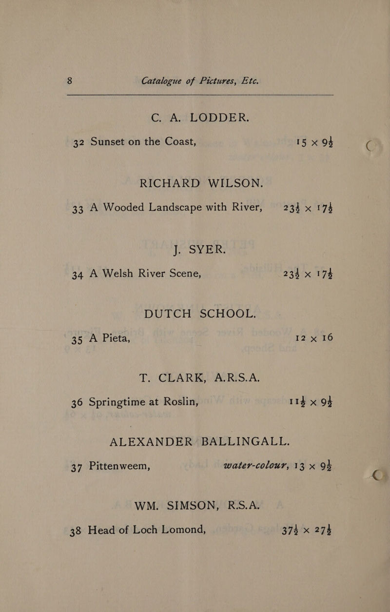 CoA OGD DER. 32 Sunset on the Coast, 15 x 94 RICHARD WILSON. 33 A Wooded Landscape with River, 234 x 174 iiipe: ise 34 A Welsh River Scene, 234 x 174 DUTCH SCHOOL, 35 A Pieta, I2 x 16 Ty CBRAR BY ASRS A, 36 Springtime at Roslin, 113 x 94 ALEXANDER BALLINGALL. 37 Pittenweem, water-colour, 13 x 94 WM. SIMSON, R.S.A. 38 Head of Loch Lomond, 374 x 274