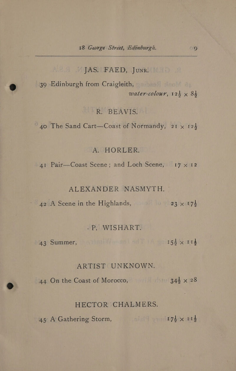 A DASH PALEY Junki 39 Edinburgh from Craigleith, » water-colour, 124 x 84 R. BEAVIS. -4o The Sand Cart—Coast of Normandy, 21 x 124 A. HORLER. 41 Pair—Coast Scene; and Loch Scene, 17 x 12 ALEXANDER NASMYTH. | 42 A Scene in the Highlands, 23 x 174 »P. WISHART. 43 Summer, 154 x 114 ARTIST UNKNOWN. 44 On the Coast of Morocco, 344 x 28 HECTOR CHALMERS.