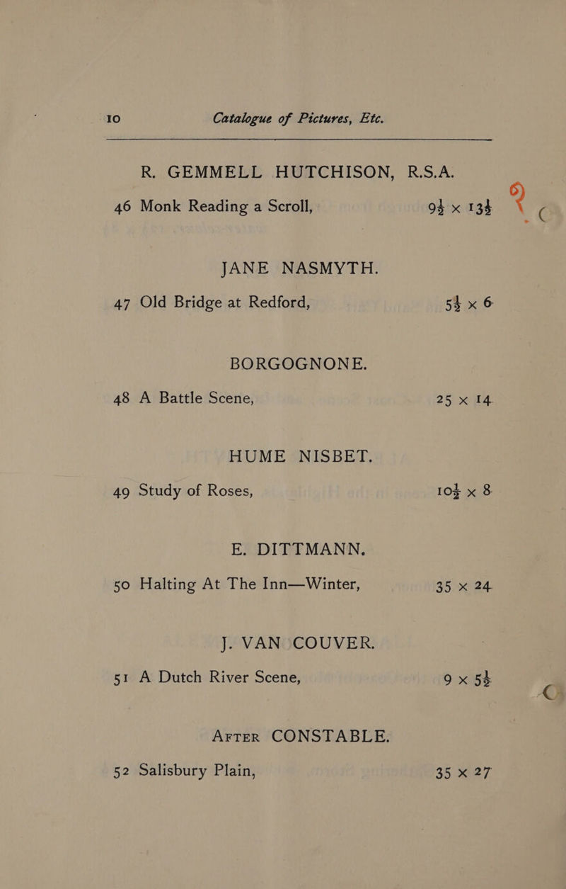 46 Monk Reading a Scroll, JANE NASMYTH. 47 Old Bridge at Redford, BORGOGNONE. 48 A Battle Scene, HUME NISBET. 49 Study of Roses, E. DITTMANN. 50 Halting At The Inn—Winter, J. VAN COUVER. 51 A Dutch River Scene, 94 x 134 2 ( 53 x 6 25) oe ie 35 x 24 9x 54