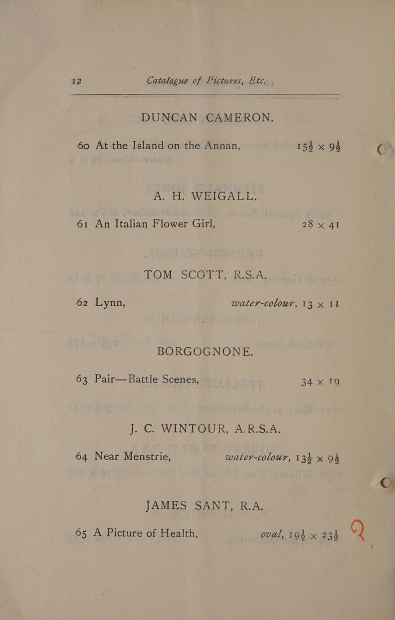 DUNCAN CAMERON. 60 At the Island on the Annan, : 154 x 94 A. H. WEIGALL. 61 An Dalian Flower Girl, (28 x AI MT | SC GOs eaten 62 Lynn, water-colour, 13 x II BORGOGNONE. 63 Pair—Battle Scenes, 34 x 19 J. C. WINTOUR, A.R.S.A, 64 Near Menstrie, water-colour, 13% x 94 JAMES SANT, R.A. 65 A Picture of Health, oval, 19} x 234