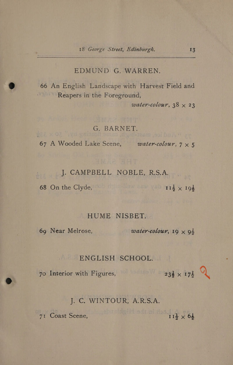 EDMUND G. WARREN. 66 An English Landscape with Harvest Field and Reapers in the Foreground, water-colour, 38 x 23 G. BARNET. 67 A Wooded Lake Scene, water-colour,7 x 5 |. CAMPBELL NOBLE. RS. A. 68 On the Clyde, Tis x 194 HUME NISBET. 69 Near Melrose, water-colour, 19 x 94 ENGLISH SCHOOL. 70 Interior with Figures, 234 x 178 J. C. WINTOUR, A.RS.A. 71 Coast Scene, 11g 2 64