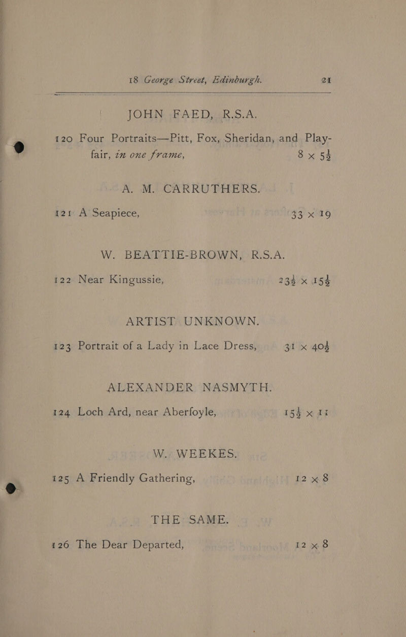 a 18 George Street, Edinburgh. 21 JOHN FAED, R.S.A. 120 Four Portraits—Pitt, Fox, Sheridan, and Play- fair, 22 one frame, 8 x 54 A. Mo CARRU PEERS. 121 A Seapiece, | 033 x26 W. BEATTIE-BROWN, R.S.A. . . : } 122 Near Kingussie, 235 x 154 ARTIST UNKNOWN. 123 Portrait of a Lady in Lace Dress, 31 x 404 ALEXANDER NASMYTH. 124 Loch Ard, near Aberfoyle, 154 x41 W. WEEKES. 125 A Friendly Gathering, 12% 8 THELSAME;,