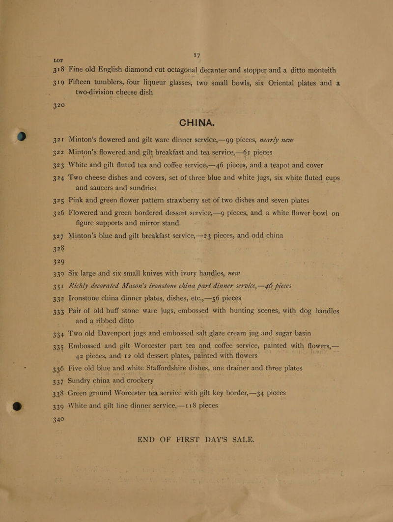 318 a9 320 321 322 323 324 325 326 327 328 329 330 331 332 333 334 335 336 337 338 339 340 17 Fine old English diamond cut octagonal decanter and stopper and a ditto monteith Fifteen tumblers, four liqueur glasses, two small bowls, six Oriental plates and a two-division cheese dish CHINA. Minton’s flowered and gilt ware dinner service,—99 pieces, zearly new Minton’ ‘Ss flowered and gilt breakfast and tea service,—61 pieces White and gilt fluted tea and coffee service,—46 pieces, and a teapot and cover Two cheese dishes and covers, set of three blue and white jugs, six white fluted cups and saucers and sundries Pink and green flower pattern strawberry set of two dishes and seven plates Flowered and green bordered dessert service,—g pieces, and a white flower bowl on figure supports and mirror stand Minton’s blue and gilt breakfast service, —23 pieces, and-odd china Six large and six small knives with ivory handles, zeze Richly decorated Mason’s tronstone china part dinner service,—46 pieces Ironstone china dinner plates, dishes, etc.,—56 pieces Pair of old buff stone ware jugs, embossed with hunting scenes, with dog handles and a ribbed ditto * Two old Davenport jugs and embossed salt glaze cream jug abe sugar basin Embossed and gilt Worcester part tea and coffee service, painted with flowers, _ 42 pieces, and 12 old dessert plates, painted with flowers Five old blue and white Staffordshire dishes, one drainer and eee Pel Green ground Worcester tea service with gilt key border,—34 pieces White and gilt line dinner service,—118 pieces END OF FIRST DAY’S SALE.