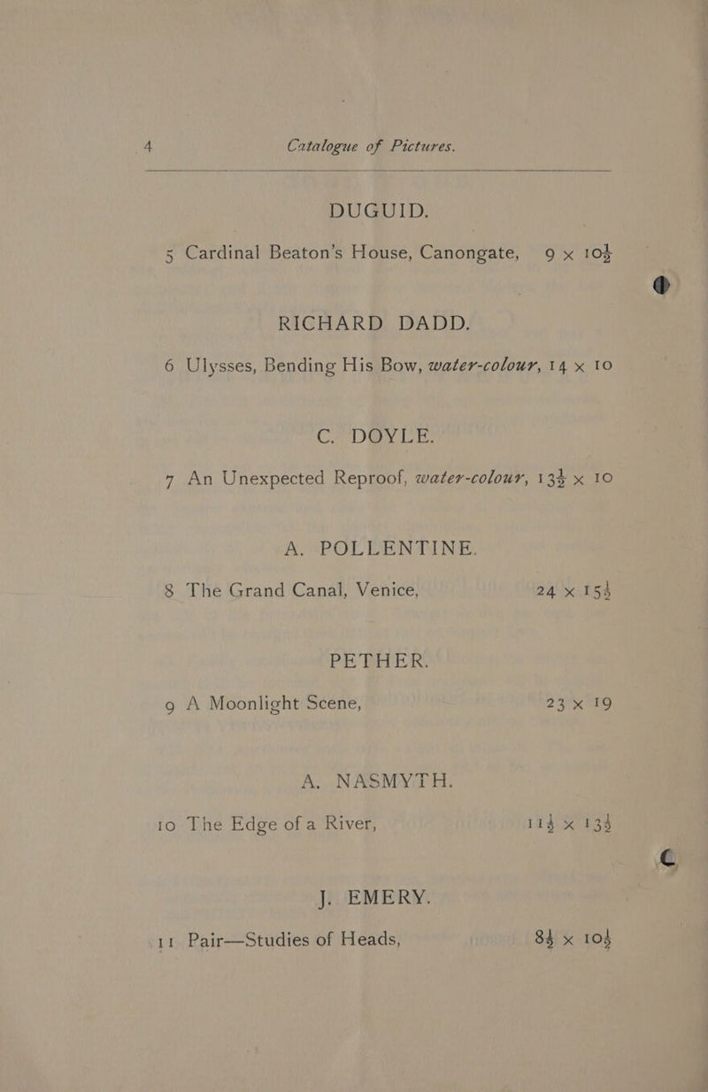 DUGUID. 5 Cardinal Beaton’s House, Canongate, 9 x 103 RICHARD DADD. 6 Ulysses, Bending His Bow, water-colour, 14 x 10 Ce D@YLE, 7 An Unexpected Reproof, water-colour, 133 x 10 A, “POLEENTINE. 8 The Grand Canal, Venice, 24\'x 154 PEAR, 9 A Moonlight Scene, 23x 19 A. NASMYTH. 10 The Edge ofa River, itd: Ker gs J. EMERY.