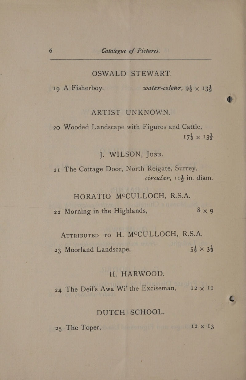 OSWALD STEWART. 19 A Fisherboy. water-colour, 94 x 134 ARTIST UNKNOWN. 20 Wooded Landscape with Figures and Cattle, 173 x 133 J. WILSON, Junr. 21 The Cottage Door, North Reigate, Surrey, circular, (1% in. diam. HORATIO MCCULLOCH, R.S.A. 22 Morning in the Highlands, 8x9 ArTrrinsuTED To H. MCCULLOCH, R.S.A. 23 Moorland Landscape, 54 x 34 H. HARWOOD. 24 The Deil’s Awa Wi the Exciseman, I 2s cut DUTCH SCHOOL. 25 The Toper, [2 «113