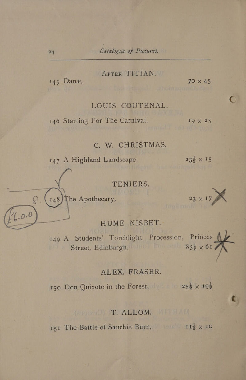 AFTER TITIAN. 145 Dane, 79 x 45 LOUIS COUTENAL. c 146 Starting For The Carnival, 10/9025 CW. CHRISTMAS. 147 A Highland Landscape, 234 x 15 : TENIERS. : he Apothecary, 23 x JR HUME NISBET. 149 A Students’ Torchlight Procession, Princes Street, Edinburgh, 834 x 61 ALEX. FRASER. 150 Don Quixote in the Forest, 254 x 195 T. ALLOM. 151 The Battle of Sauchie Burn, 11g x 10