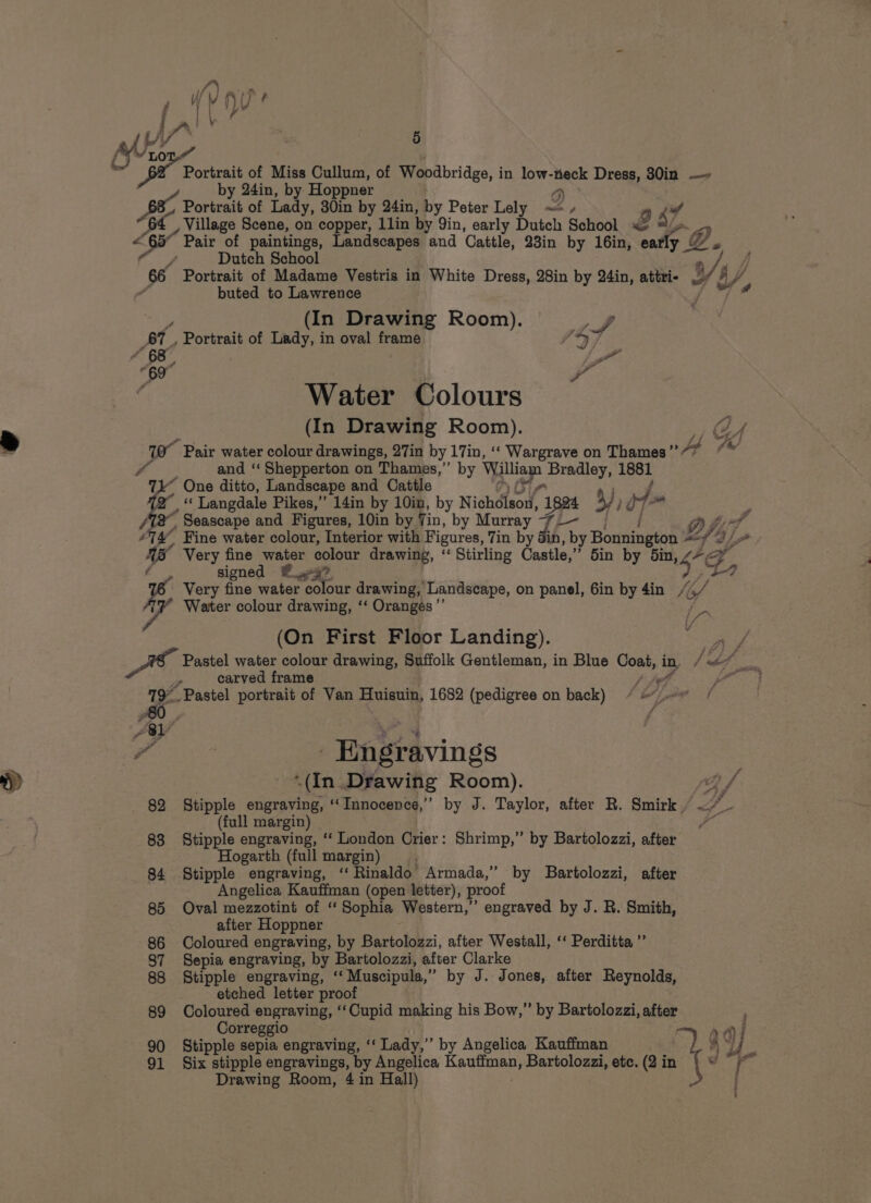 f™% Lo . ms “GE Portrait of Miss Cullum, of Woodbridge, in low-teck Dress, 30in — by 24in, by Hoppner 9 Portrait of Lady, 30in by 24in, by Peter Lely =&lt;, Village Scene, on copper, 1lin by Yin, early Dutch School 2 u, &lt; mail Pair of paintings, Landscapes and Cattle, 23in by 16in, 2s 9 Y Dutch School y 86 Portrait of Madame Vestris in White Dress, 28in by 24in, attri- ¥ AY buted to Lawrence see (In Drawing Room). 4, J at Portrait of Lady, in oval frame A 68 a . 69 . a | Water Colours (In Drawing Room). 5 Gy ® wo Pair water colour drawings, 27in by 17in, “‘ Wargrave on Thames” i yA and ‘‘ Shepperton on Thames,” by ap Bradley, 1861 2“ Langdale Pikes,” 14in by 10in, by Nichdleod, ipa Yd a oa a 2° Seascape and Figures, 10in by Yin, by Murray Ce de fay Fine water colour, Interior with Figures, Tin by Sin, by Bonnington Die 3) AS Very fine water colour drawing, “‘ Stirling Castle,” 5in by din, Lof é signed #3? ee KE Very fine water colour drawing, Landscape, on panel, 6in by 4in / o Water colour drawing, ‘‘ Oranges ”’ (On First Floor Landing). Pastel water colour drawing, Suffolk Gentleman, in Blue Coat, in /&amp; ie One ditto, Landscape and Cattle » carved frame Klee Eee) is Pastel portrait of Van eForanthy 1682 (pedigree on back) / i“ Lpat of JB &lt;a 7 | Raprivings “)) “(In Drawing Room). a / 82 Stipple engraving, ‘Innocence,’ by J. Taylor, after R. Smirk , ~/_ (full margin) A 88 Stipple engraving, ‘‘ London Crier: Shrimp,” by Bartolozzi, after Hogarth (full margin) 84 Stipple engraving, “ Rinaldo. Armada,” by Bartolozzi, after Angelica Kauffman (open letter), proof 85 Oval mezzotint of ‘Sophia Western,” engraved by J. R. Smith, after Hoppner 86 Coloured engraving, by Bartolozzi, after Westall, ‘‘ Perditta ”’ 87 Sepia engraving, by Bartolozzi, after Clarke 88 tipple engraving, ‘ Muscipula,” by J. Jones, after Reynolds, etched letter proof 89 Coloured engraving, ‘‘Cupid making his Bow,” by Bartolozzi, after Correggio ey 90 Stipple sepia engraving, ‘‘ Lady,’ by Angelica Kauffman 4 4 91 Six stipple engravings, by Angelica meneoo Bartolozzi, ete. (2 in Drawing Room, 4 in Hall) :