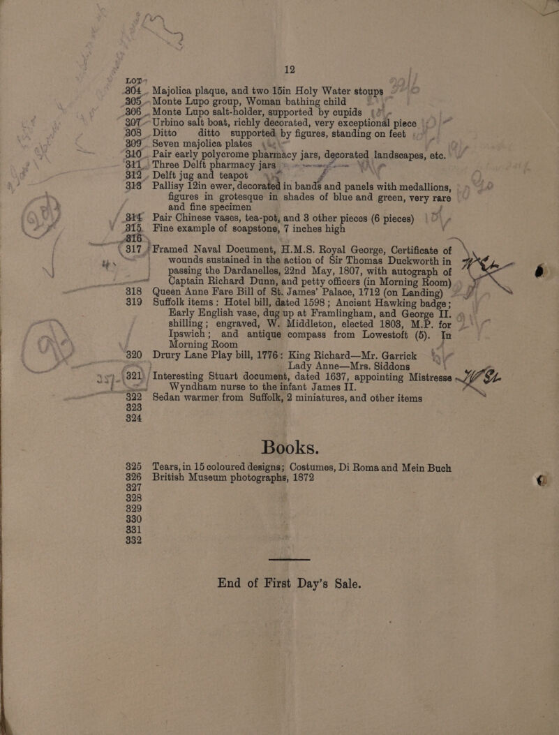 ts 12 Lot 304. Majolica plaque, and two 15in Holy Water stoups 305. Monte Lupo group, Woman bathing child 306 .. Monte Lupo salt-holder, supported by cupids {*. 307 Urbino salt boat, richly decorated, very exceptional piece 308 . Ditto ditto supported by figures, standing on feet ; 310. Pair early polycrome pharmacy jars, decorated landscapes, etc. 311,.: Three Delft pharmacy jars ‘.----s—- VA 812 . Delft jug and teapot 4M - | figures in grotesque in shades of blue and green, very rare and fine specimen y, 3Y4 Pair Chinese vases, tea-pot, and 3 other pieces (6 pieces) 315, Fine example of soapstone, 7 inches high (317 , Framed Naval Document, H.M.S. Royal George, Certificate of \ “| wounds sustained in the action of Sir Thomas Duckworth in | passing the Dardanelles, 22nd May, 1807, with autograph of ~~ Captain Richard Dunn, and petty officers (in Morning Room) 819 Suffolk items: Hotel bill, dated 1598; Ancient Hawking badge; . Harly English vase, dug up at Framlingham, and George II. « . shilling; engraved, W. Middleton, elected 1803, M.P. for ~~ Ipswich; and antique compass from Lowestoft (5). Tn Morning Room , 320 Drury Lane Play bill, 1776: King Richard—Mr. Garrick ‘4 ied Wyndham nurse to the infant James II. 322 Sedan warmer from Suffolk, 2 miniatures, and other items 823 824 Books. 825 Tears,in 15 coloured designs; Costumes, Di Roma and Mein Buch 326 British Museum photographs, 1872 @ 327 7 328 829 330 331 332 End of First Day’s Sale.