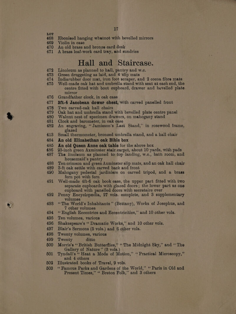 468 469 470 471 472 473 474 475 476 477 478 479 480 481 482 484 485 486 487 488 489 490 491 492 493 494 495 496 497 498 499 500 501 502 503 17 Ebonised hanging whatnot with bevelled mirrors Violin in case An old brass and bronze card desk A brass leaf-work card tray, and sundries Hall and Staircase. Linoleum as planned to hall, pantry and w.c. Green druggeting as laid, and 4 slip mats Indiarubber door mat, iron foot scraper, and 2 cocoa fibre mats Well-made oak hat and umbrella stand with seat at each end, the centre fitted with boot cupboard, drawer and bevelled plate mirror Grandfather clock, in oak case 8ft-4 Jacobean dower chest, with carved panelled front Two carved-oak hall chairs Oak hat and umbrella stand with bevelled plate centre panel Walnut nest of specimen drawers, on mahogany stand Clock and barometer, in oak case An engraving, ‘“‘ Jamieson’s Last Stand,’’ in rosewood frame, glazed An old Elizabethan oak Bible box An old Queen Anne oak table for the above box 23-inch green Axminster stair carpet, about 10 yards, with pads The linoleum as planned to top landing, w.c., bath room, and housemaid’s pantry Ten crimson and green Axminster slip mats, and an oak hall chair 3-ft oak settle with carved back and front Mahogany pedestal jardiniere on carved tripod, and a brass fern pot with fern ; Well-made 4ft-6 oak book case, the upper part fitted with two separate cupboards with glazed doors; the lower part as one cupboard with panelled doors with secretaire over Penny Encyclopedia, 27 vols. complete, and 3 supplementary volumes ; ‘The World’s Inhabitants’ (Bettany), Works of Josephus, and 7 other volumes ‘‘ English Eccentrics and Eccentricities,’’ and 10 other vols. Ten volumes, various Shakespeare’s ‘‘ Dramatic Works,” and 10 other vols. Blair’s Sermons (5 vols.) and 6 other vols. Twenty volumes, various Twenty ditto Morris’s ‘‘ British Butterflies,” ‘‘ The Midnight Sky,” and ‘‘ The Gallery of Nature” (3 vols.) Tyndall’s “‘ Heat a Mode of Motion,” “‘ Practical Microscopy,” and 4 others Illustrated books of Travel, 9 vols. ‘‘ Famous Parks and Gardens of the World,” ‘“‘ Paris in Old and Present Times,” ‘‘ Breton Folk,’ and 3 others