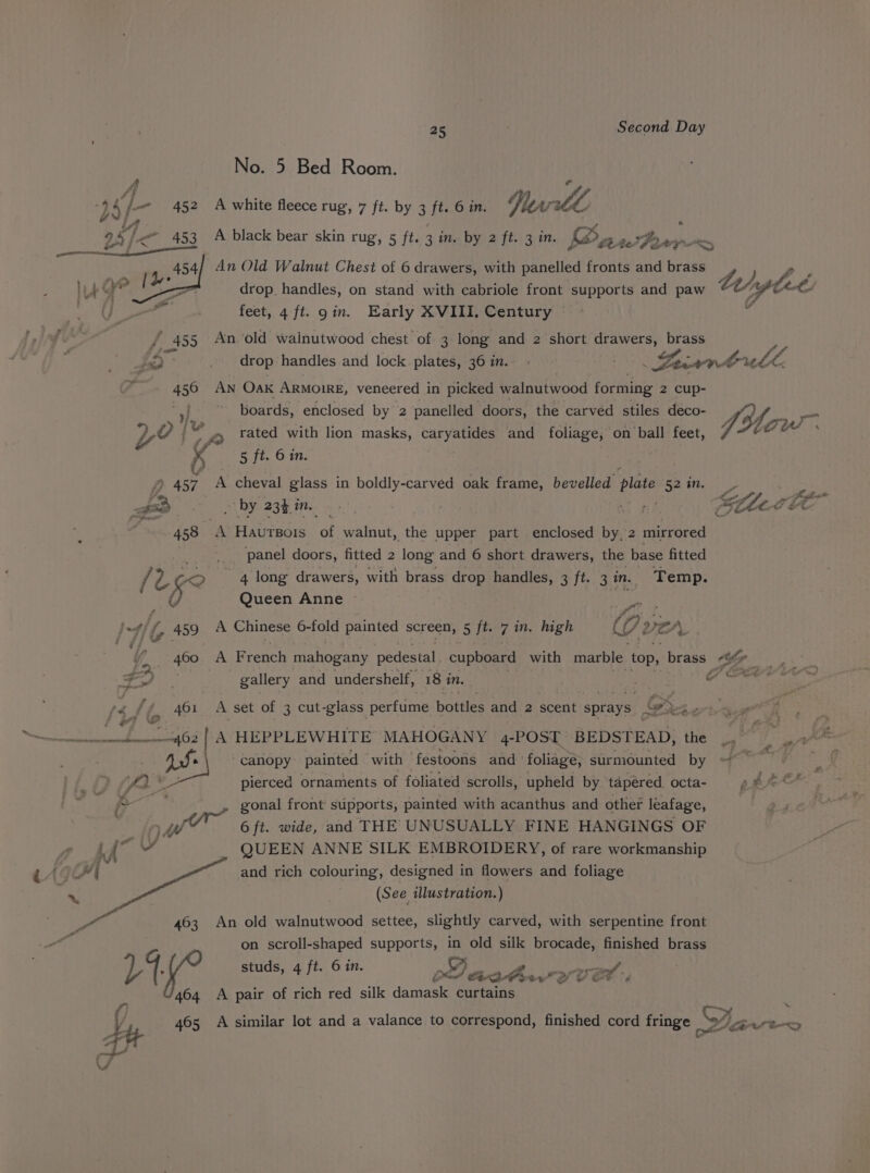 No. 5 Bed Room. he 452 A white fleece rug, 7 ft. by 3 ft. 6 in. Well | a4 ; ees A black bear skin rug, 5 ft. 3 in. by 2 ft. 3 in. Pars Fe ae TG 454) An Old Walnut Chest of 6 drawers, with panelled fronts and brass e, a aoe drop handles, on stand with cabriole front supports and paw liyplel a feet, 4 ft. gin. Early XVIII. Century f f 455 An ‘old wainutwood chest of 3 long and 2 short drawers, brass 4 5° | _ drop handles and lock plates, 36in. © ~~ Fede Renn bull &lt; 456 An Oak ARMOIRE, veneered in picked walnutwood forming 2 cup- a ' boards, enclosed by 2 panelled doors, the carved stiles deco- JHler i DO | [wv yg ‘ated with lion masks, caryatides and foliage, on ball feet, ah asst v £ hes, Otis » 457 A cheval glass in boldly-carved oak frame, bevelled plate 52 ite.) £ A Sagi B ta By 23%. Me er, iL. et 458 oe HaurTBols rot walnut, the upper part enclosed by, 2 mirrored _ panel doors, fitted 2 long and 6 short drawers, the base fitted fe: &gt; = ~ 4 long drawers, with brass drop handles, ite, 3 in. Temp. Queen Anne “Ai 459 A Chinese 6-fold painted screen, 5 ft. 7 in. high QO: 2 aN A French mahogany pedestal cupboard with marble top, brass ir ! + ~ f Fs . i gallery and undershelf, 18 i in. i A set of 3 cut- ‘glass. perfume bottles and 2 scent sprays. . Gr er? pee A HEPPLEWHITE MAHOGANY 4-POST BEDSTEAD, the 9 | +” ‘canopy: painted with © festoons and ° foliage, surmounted by “~~ pierced ornaments of foliated scrolls, upheld by tapered. octa- pherX gonal front supports, painted with acanthus and other leafage, | ! oe 6 ft. wide, and THE: UNUSUALLY FINE HANGINGS OF f a Cad QUEEN ANNE SILK EMBROIDERY, of rare workmanship and rich colouring, designed in flowers and foliage (S ee illustration.) 463 An old walnutwood settee, slightly carved, with serpentine front on scroll-shaped supports, in old silk brocade, finished brass y 2 tuds, 4 ft. 6 in. %) tae at »4f Om CAPs wwe &amp; t, 464 A pair of rich red silk damask curtains } : = “&gt; ; 465 A similar lot and a valance to correspond, finished cord fringe Wares